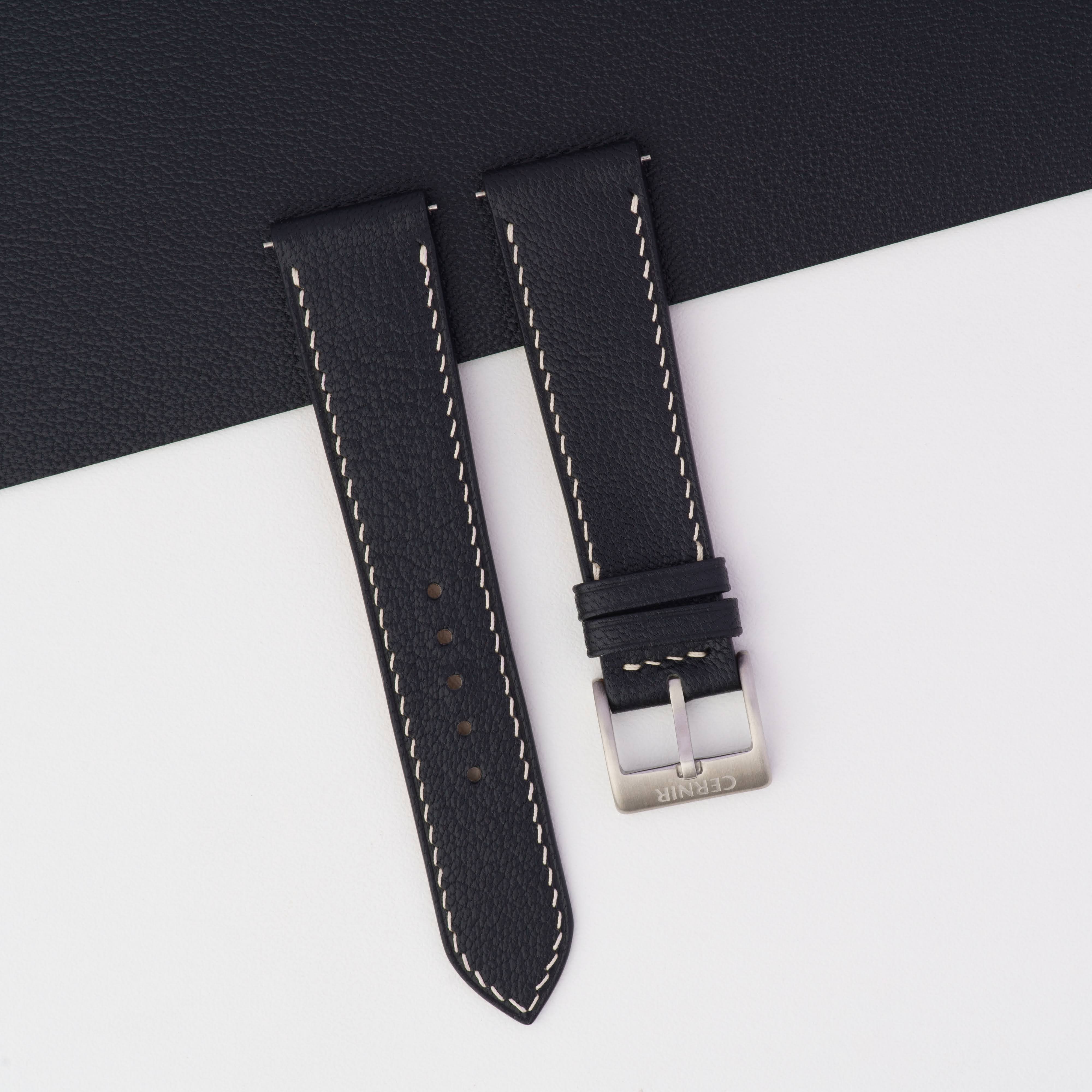 Black Alran Chevre Sully Leather Slim Watch Strap - Cream Stitch
