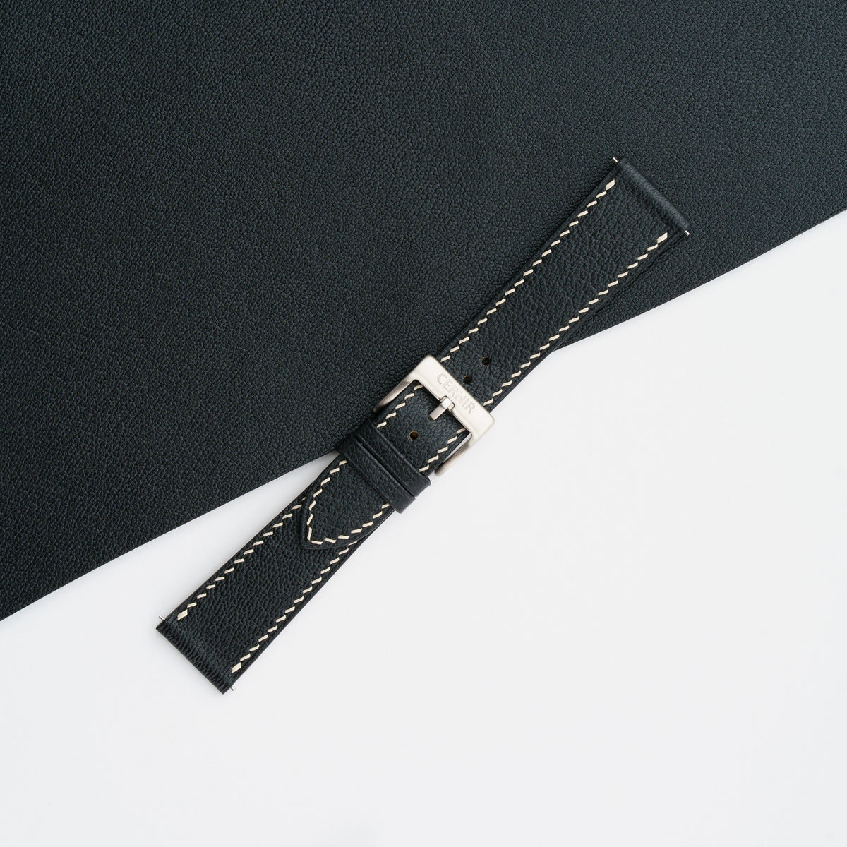 Black Alran Chevre Sully slim watch strap buckled, showing the fine goatskin grain