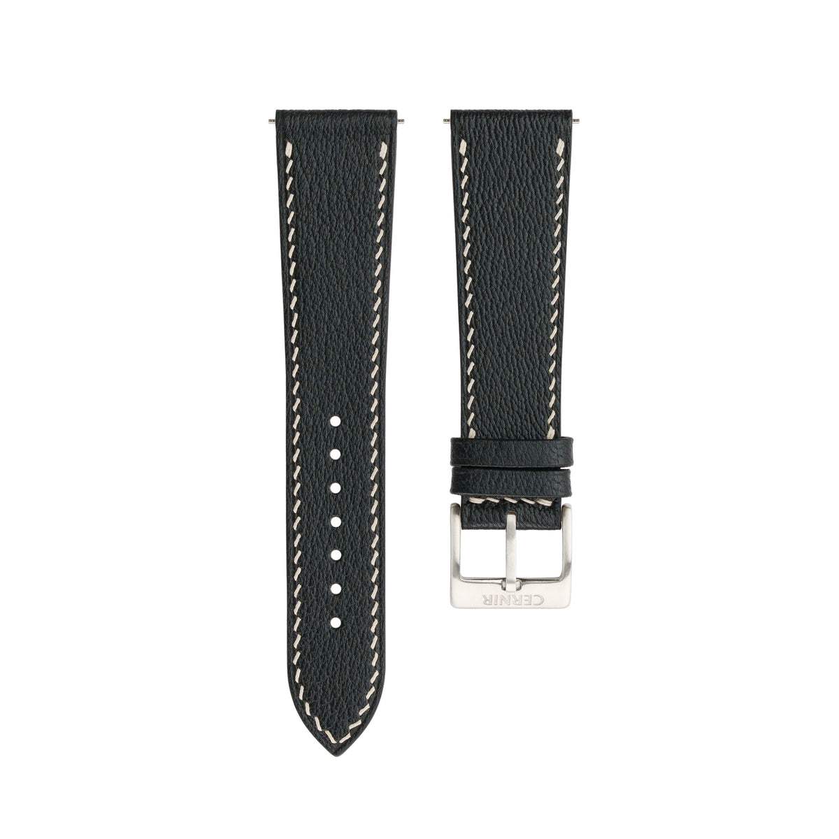 Black Alran Chevre Sully leather slim watch strap with cream stitching and steel pin buckle