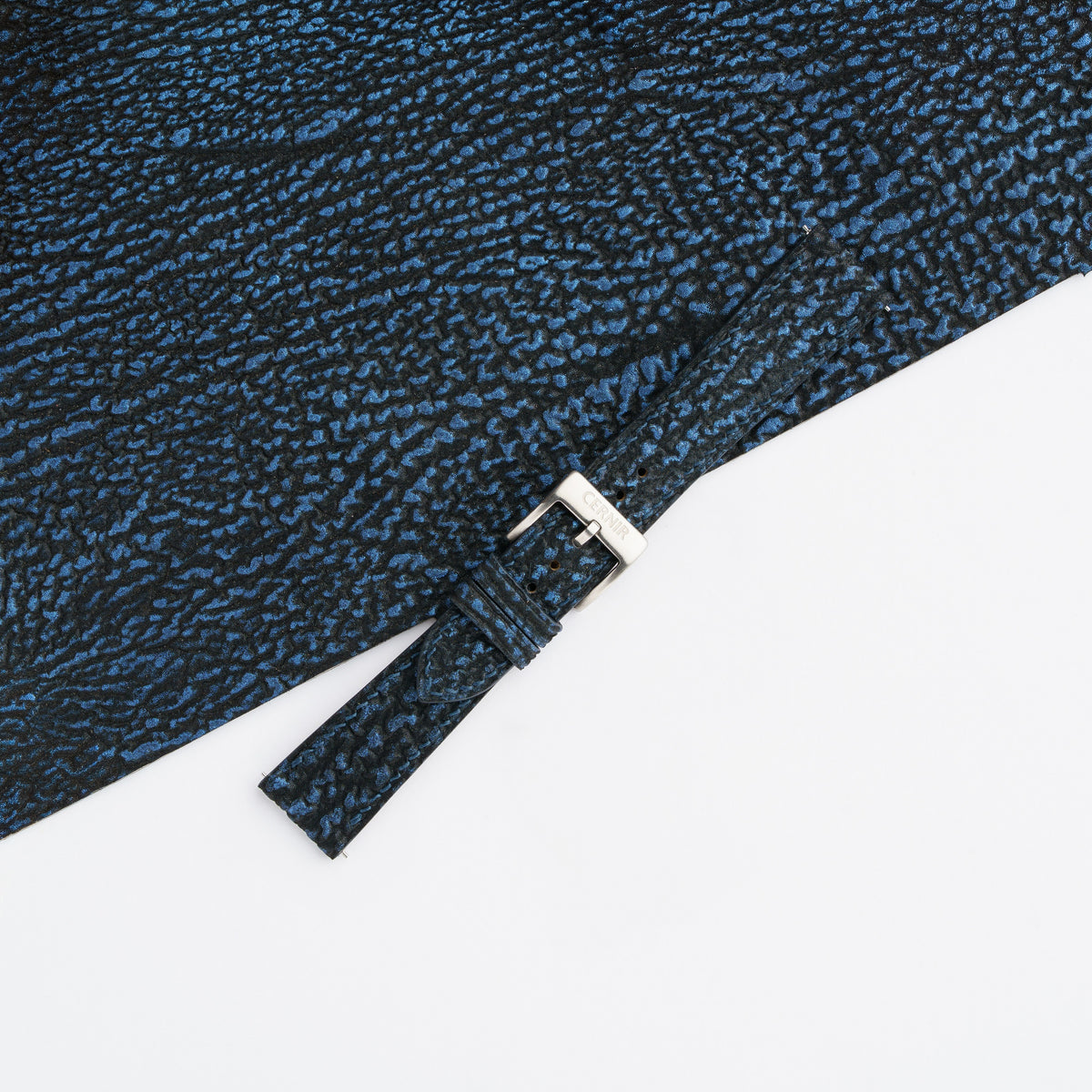 Black blue shark slim watch strap buckled with a steel pin buckle on matching shark leather