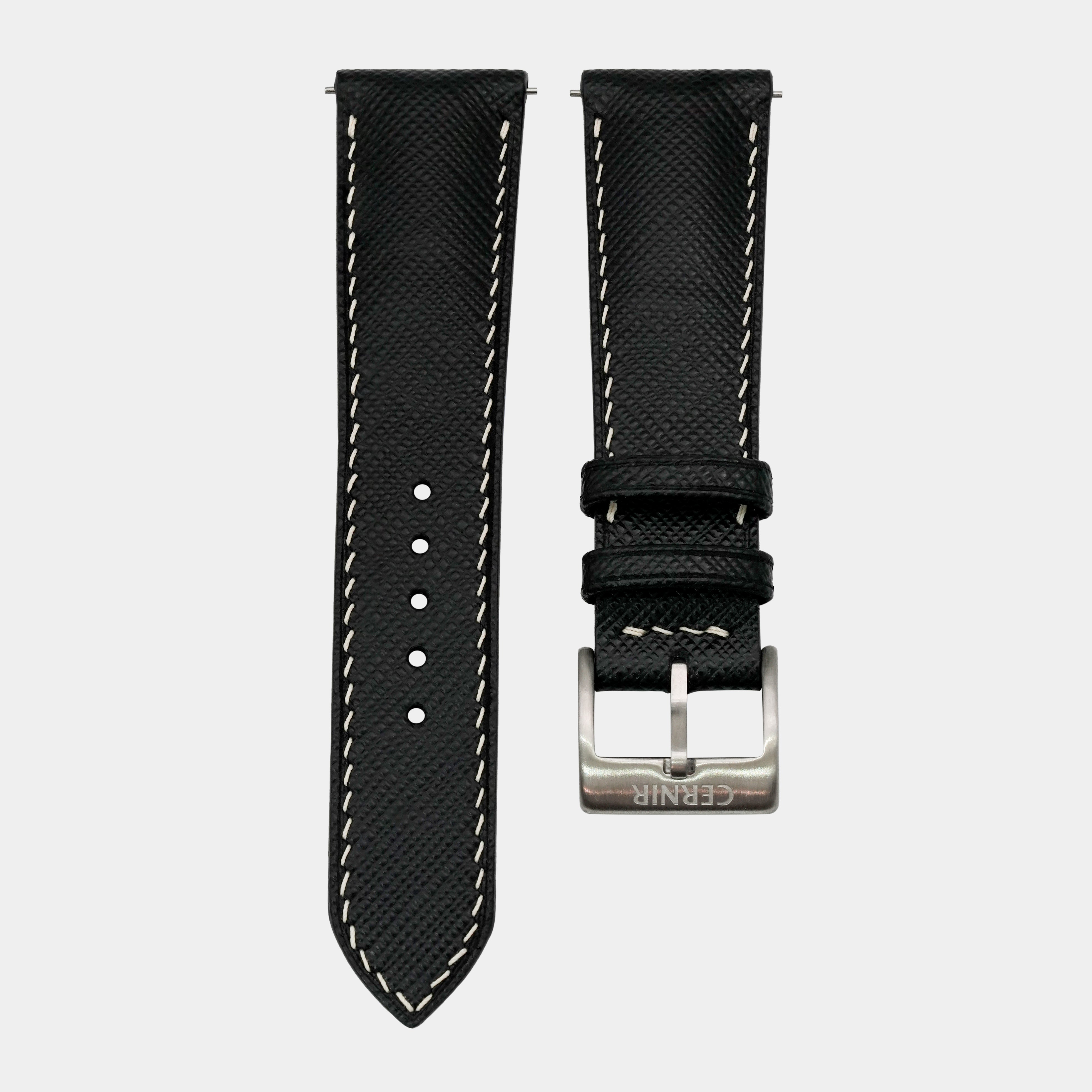 Black Saffiano Leather Watch Strap - Padded - Cream Stitch