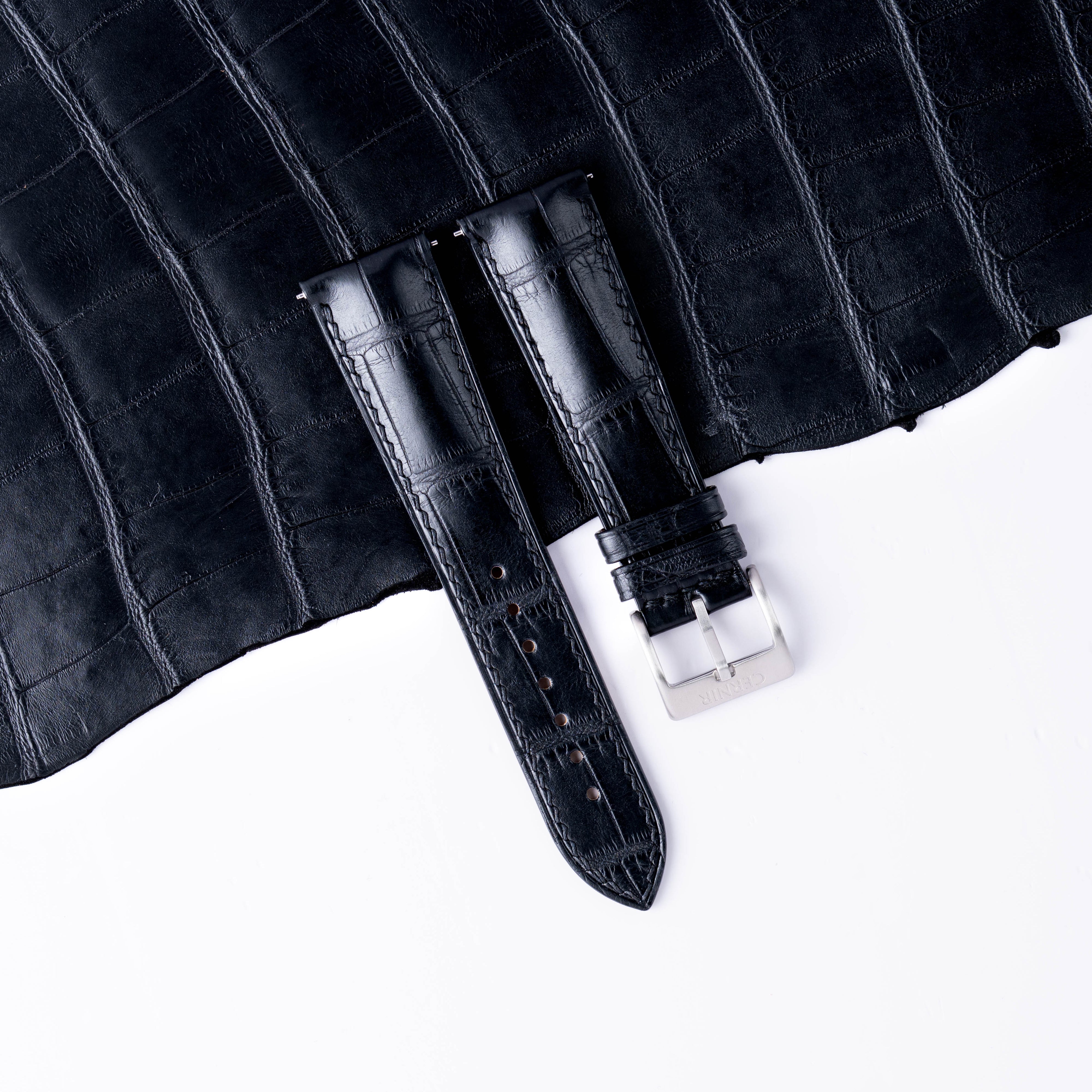 Black Alligator Leather Padded Watch Strap