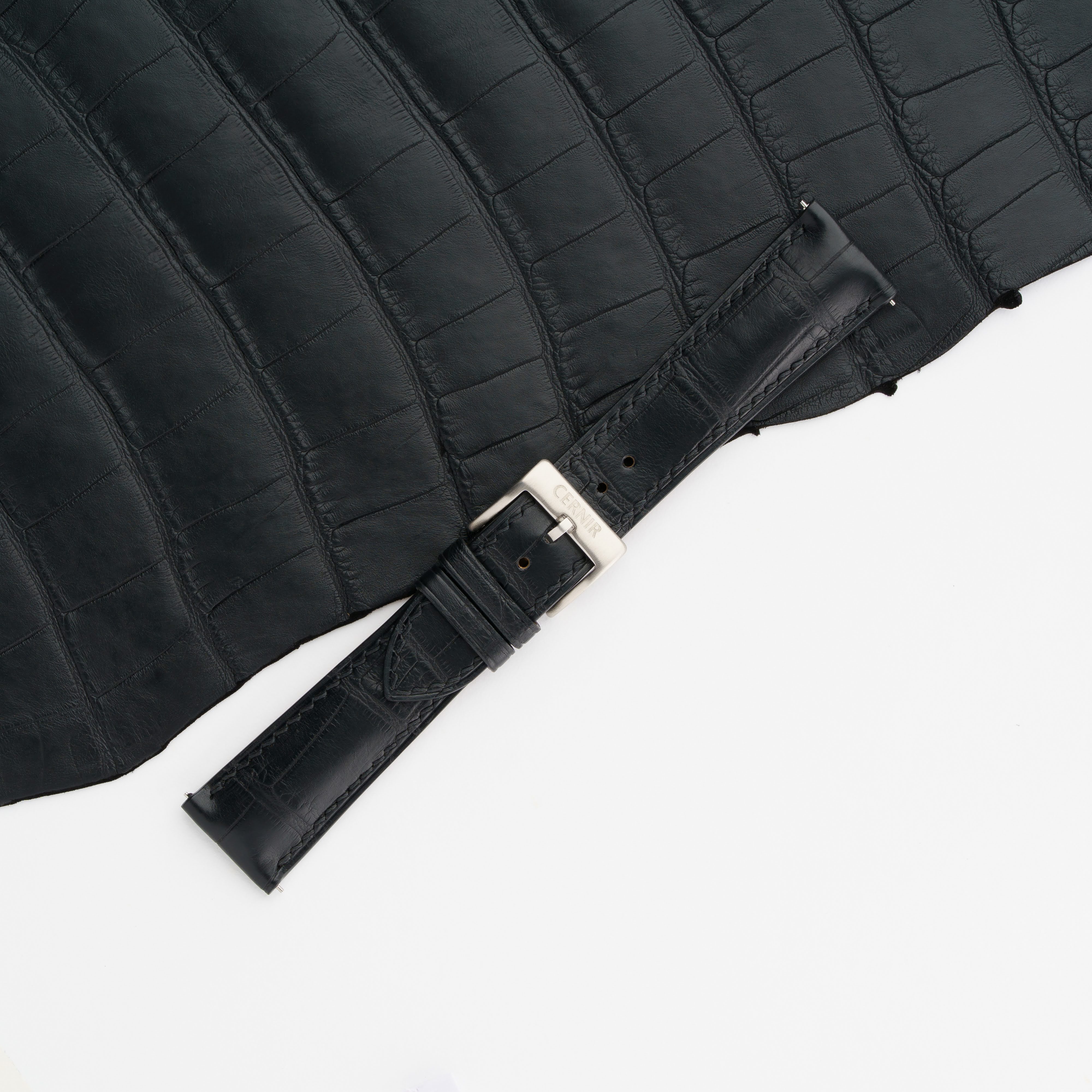 Black Alligator Leather Padded Watch Strap
