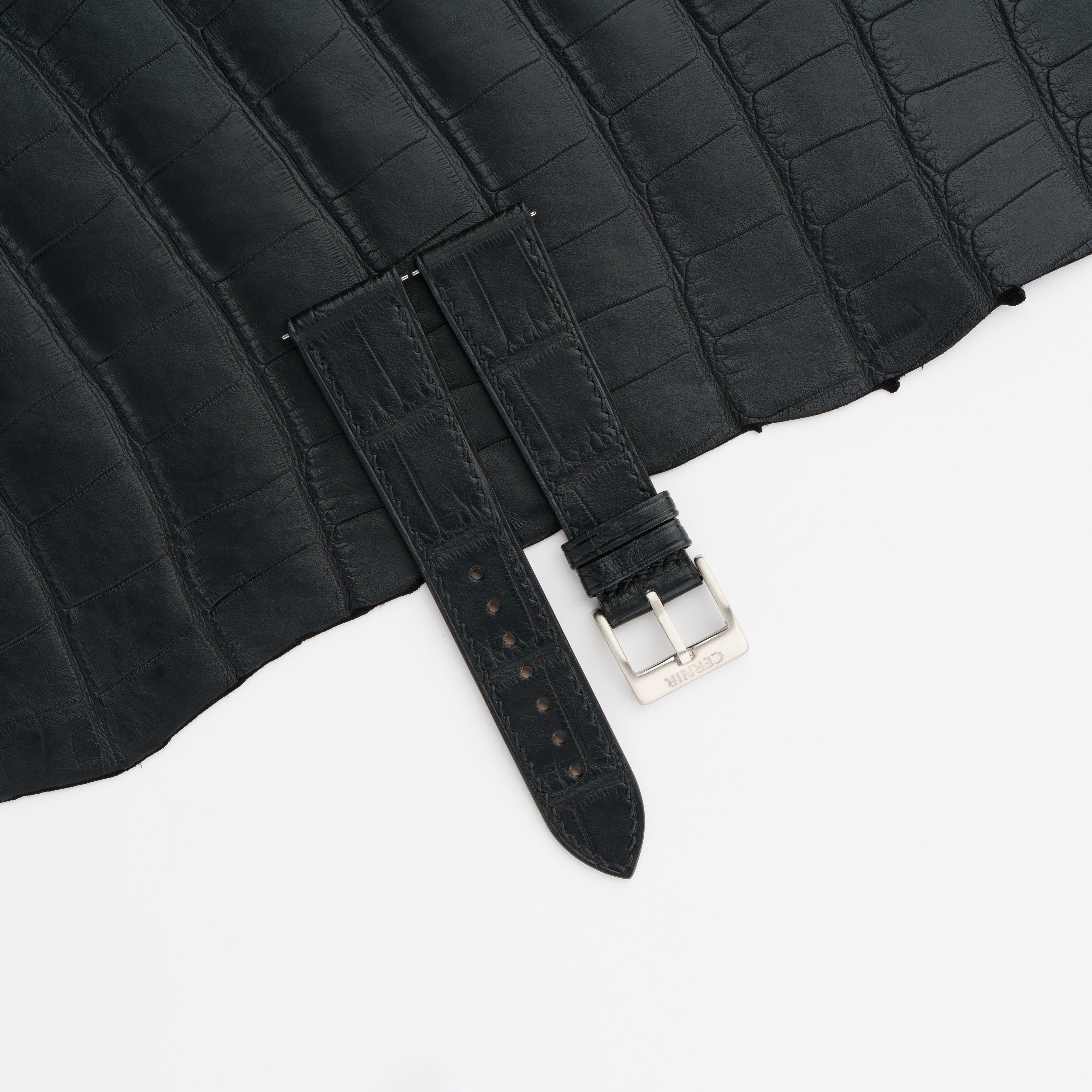 Black Alligator Leather Slim Watch Strap