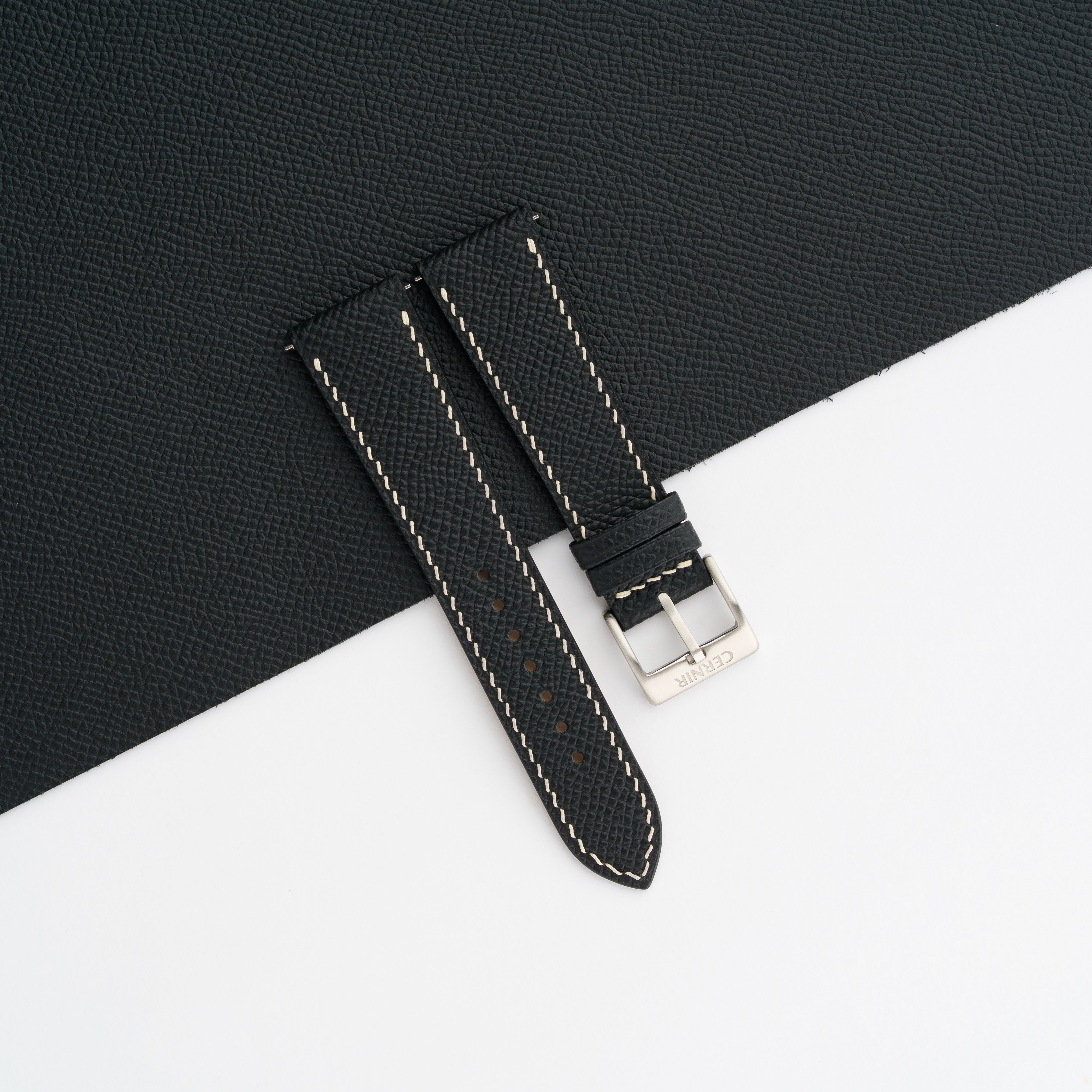 Black Epsom Leather Watch Strap - Slim - Cream Stitch