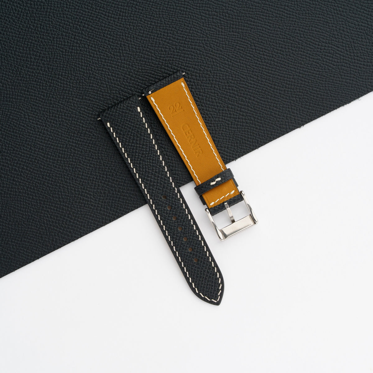 Zermatt leather lining on the back of the black Epsom slim watch strap