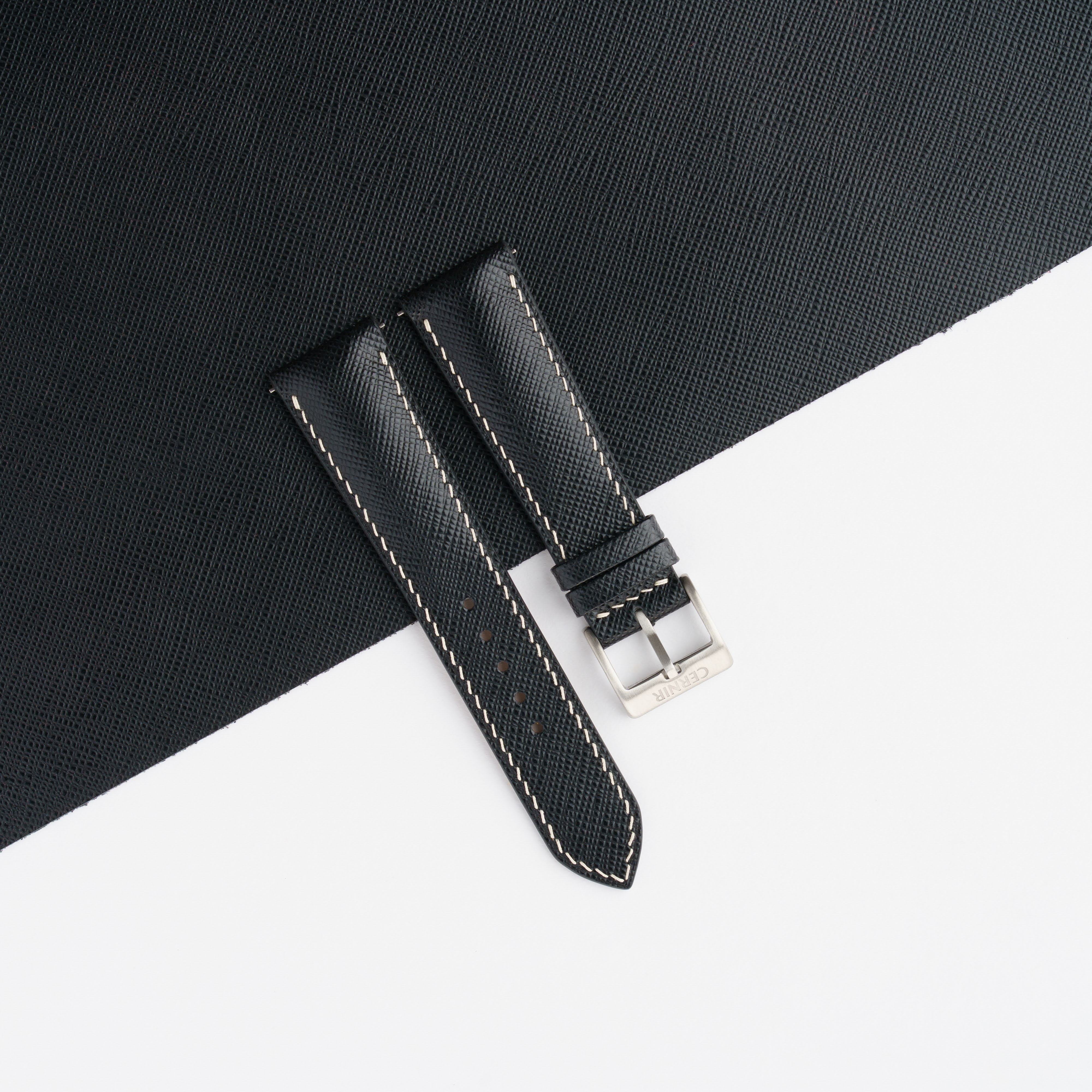 Black Saffiano Leather Padded Watch Strap