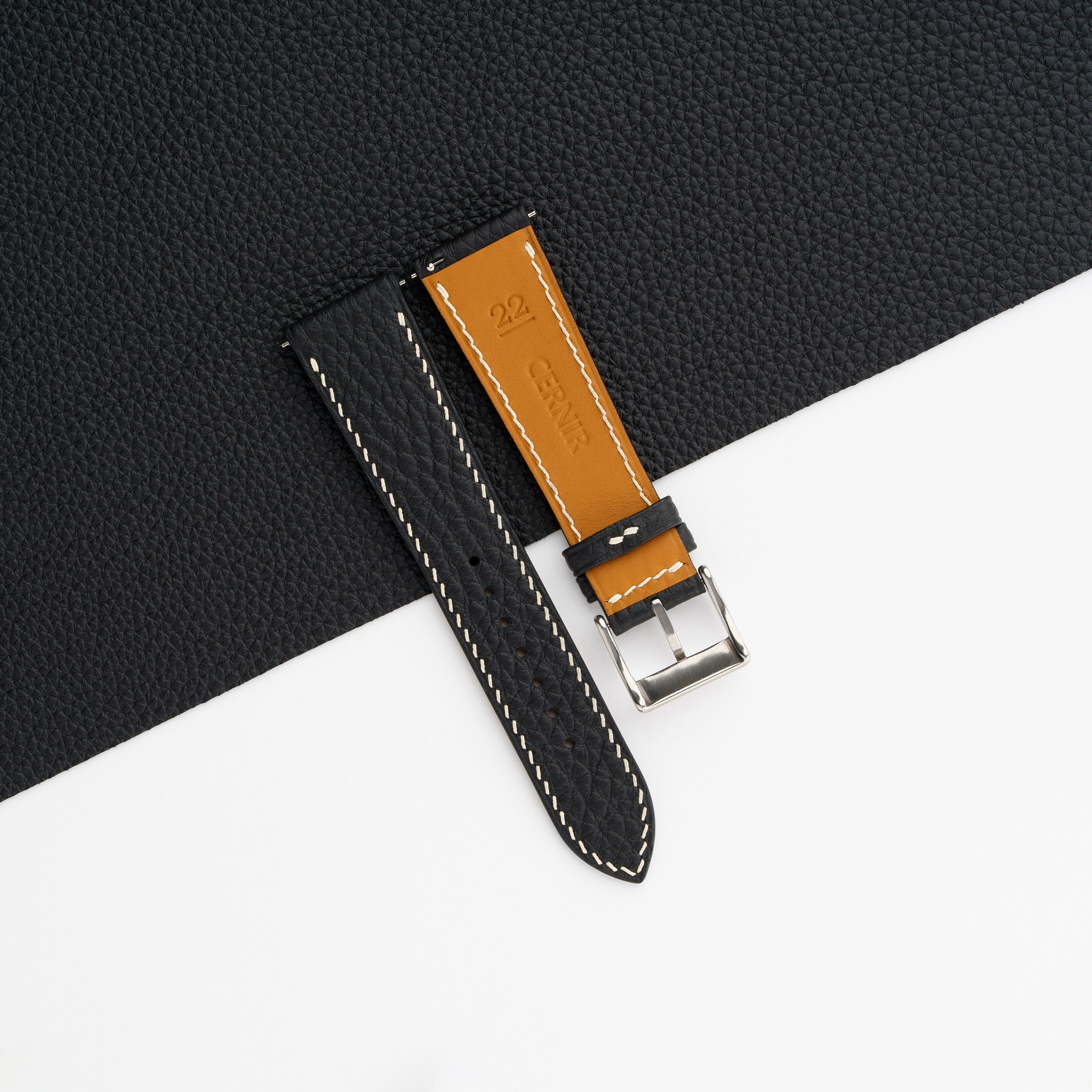 Black Togo Leather Slim Watch Strap