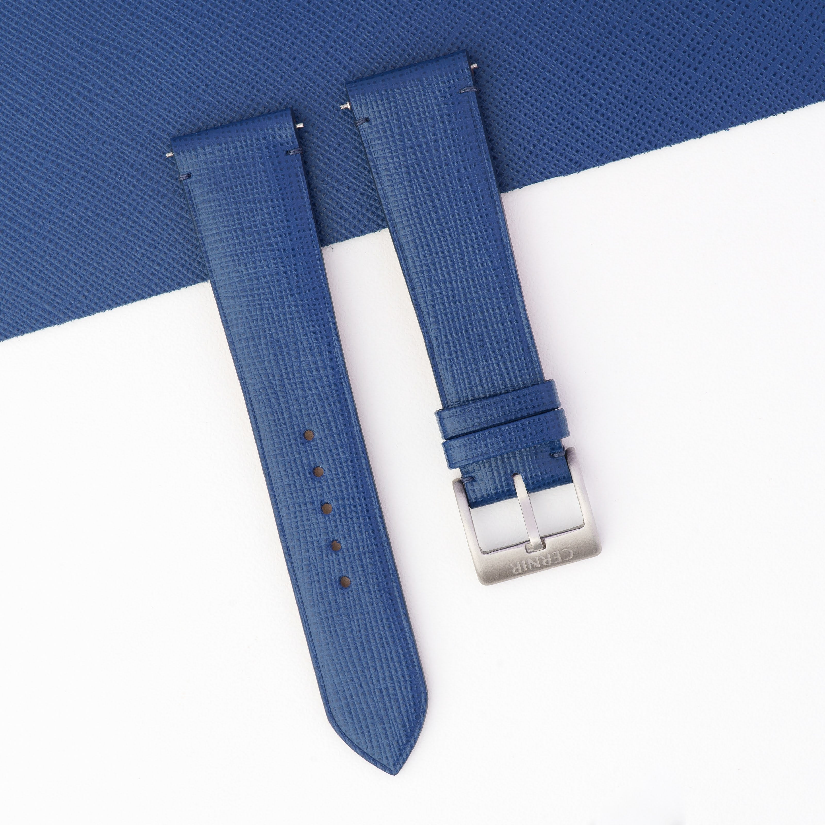 Blue Saffiano Leather Slim Watch Strap - Stitchless