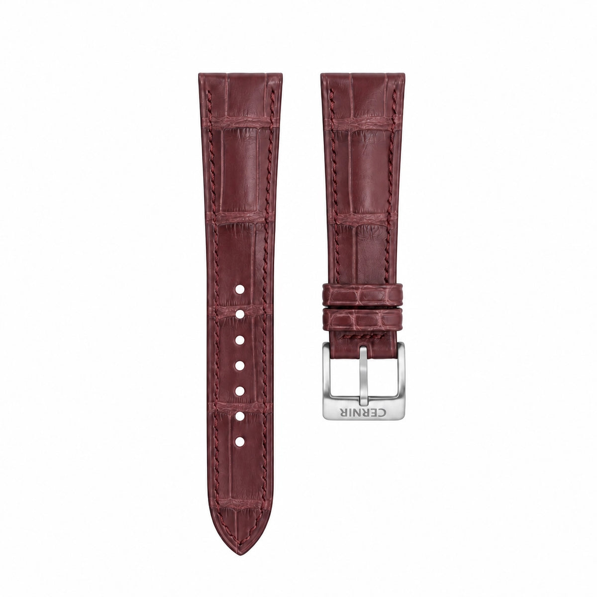 Burgundy alligator leather padded watch strap with burgundy stitching and a steel buckle