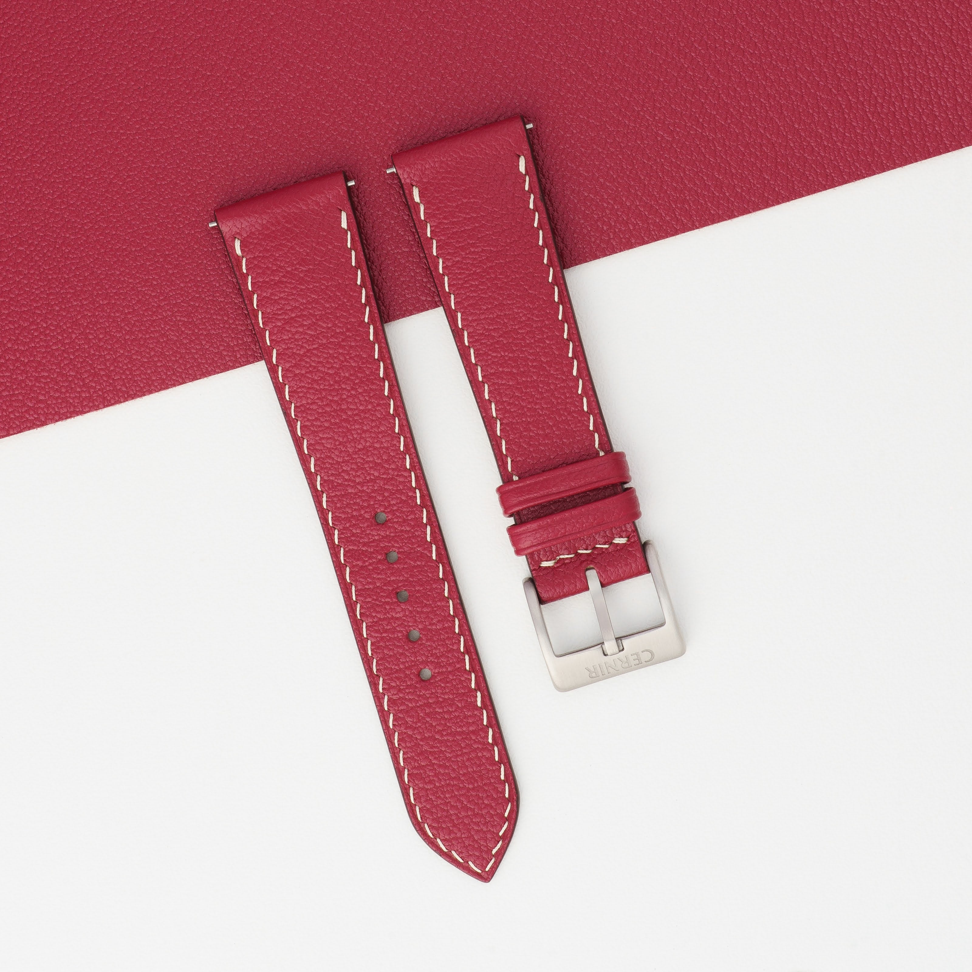 Burgundy Alran Chevre Sully Leather Slim Watch Strap - Cream Stitch