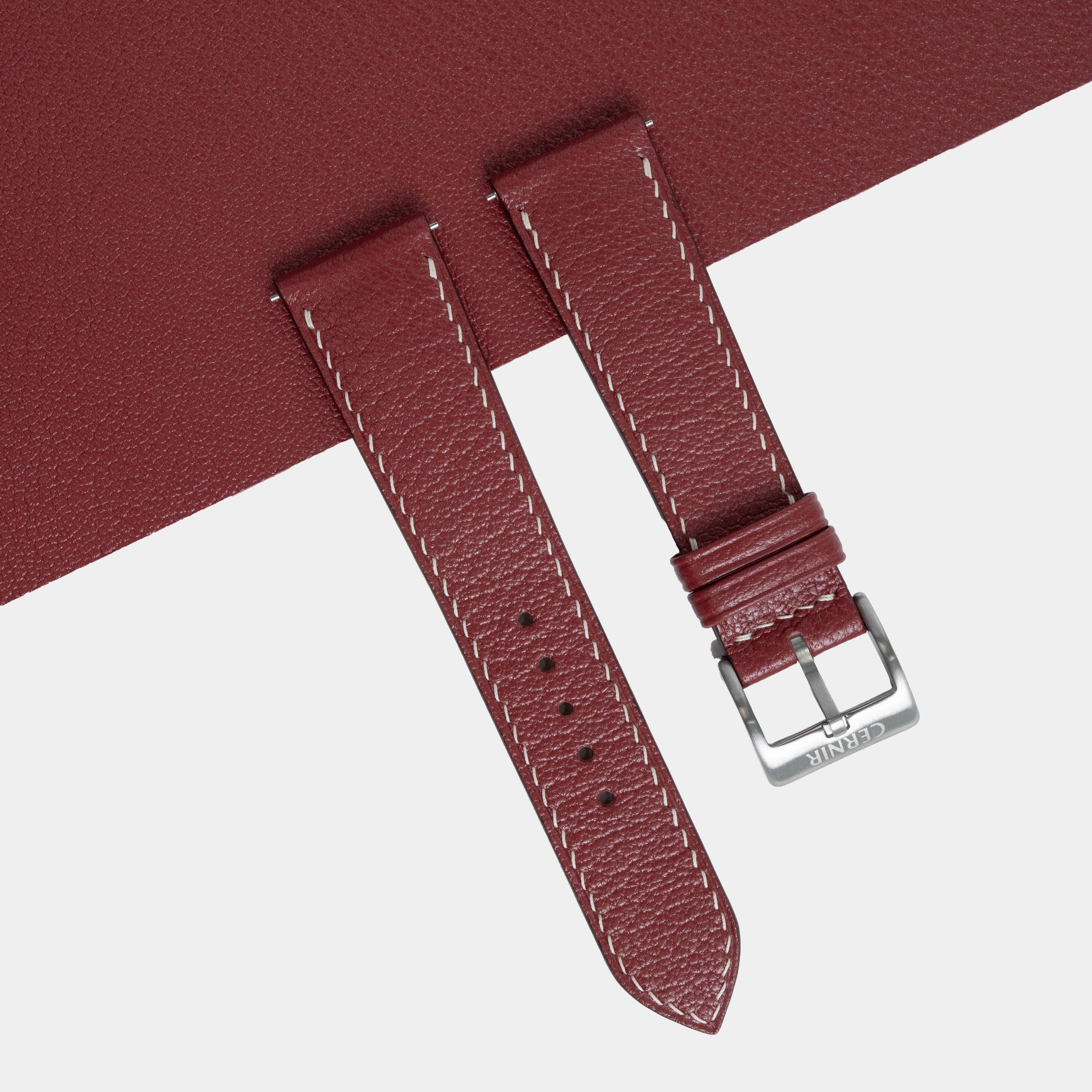 Burgundy Alran Chevre Sully Leather Watch Strap - Slim - Cream Stitch