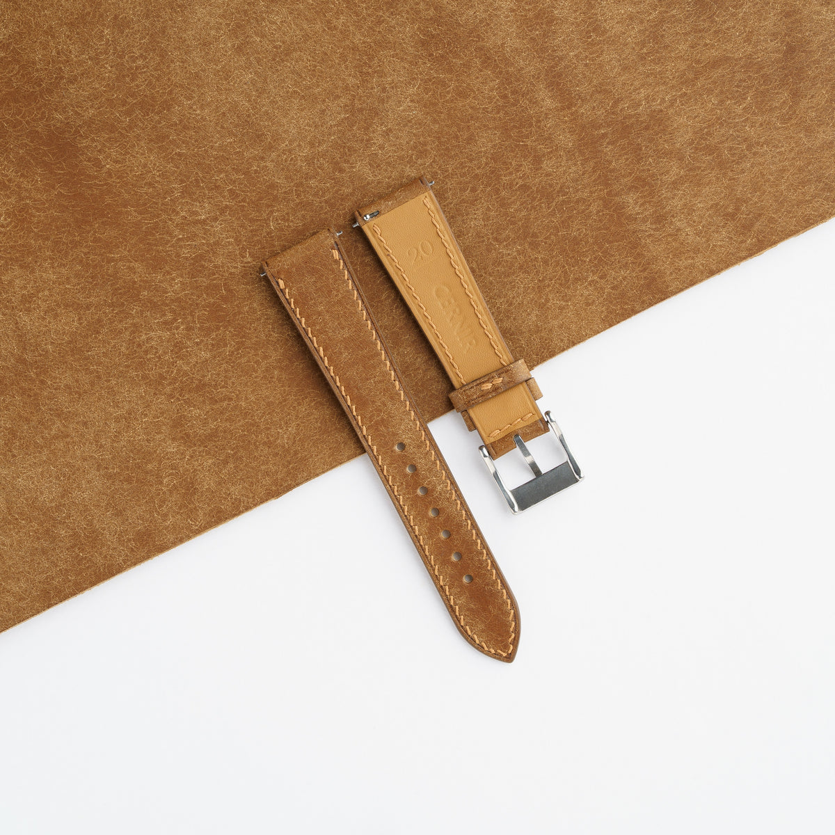 Zermatt leather lining on the back of the cognac Pueblo slim watch strap
