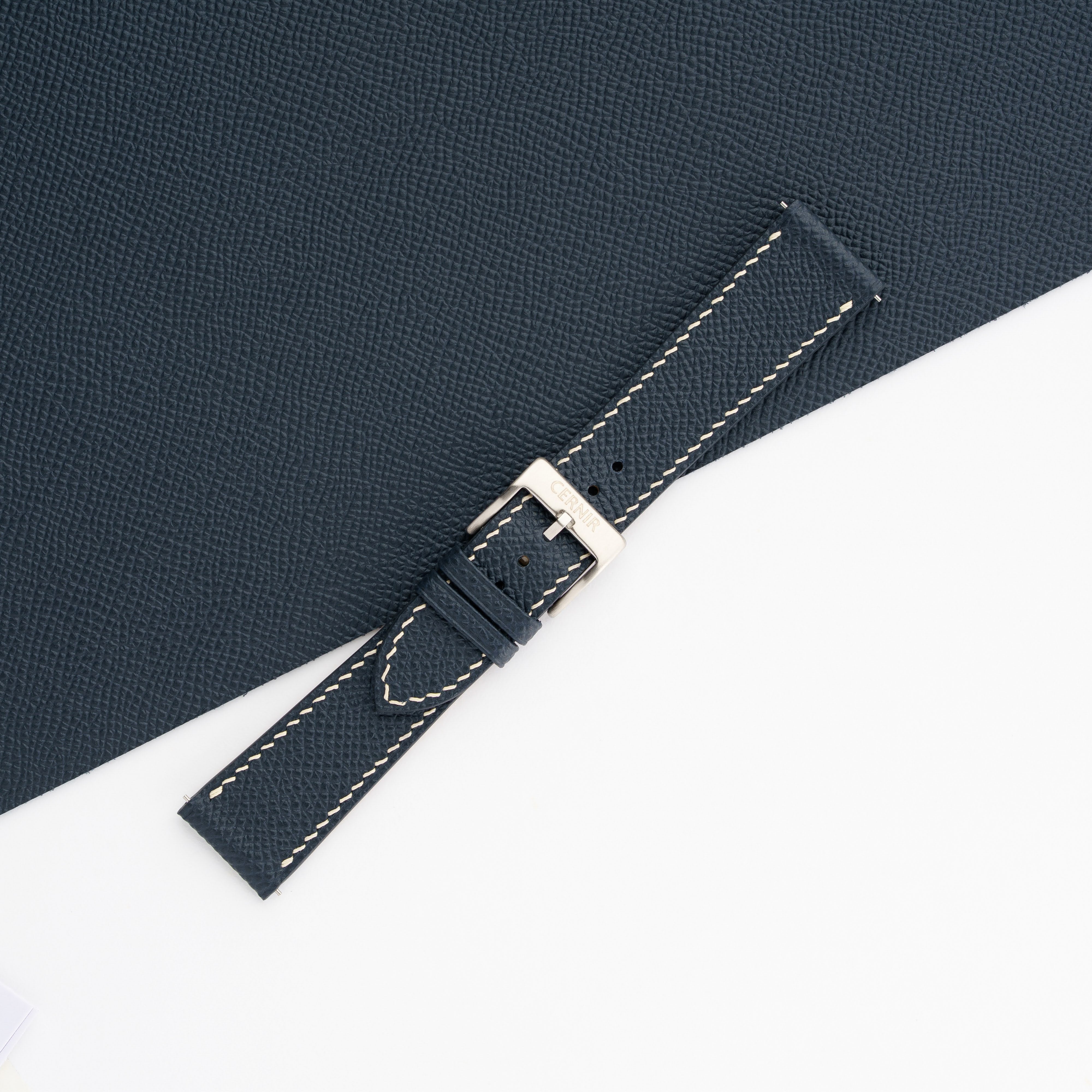 Dark Navy Epsom Leather Watch Strap - Slim - Cream Stitch