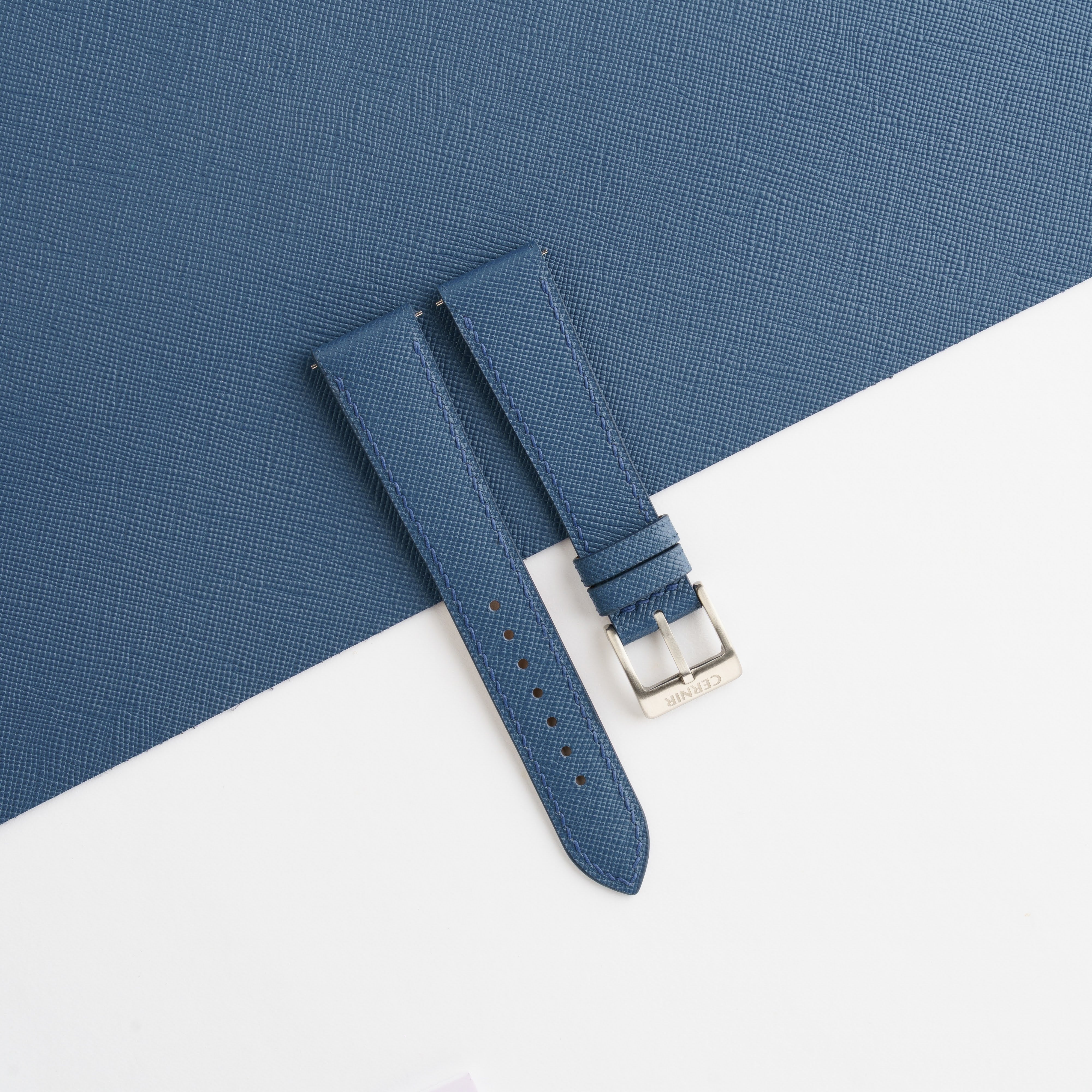 Denim Blue Saffiano Leather Slim Watch Strap