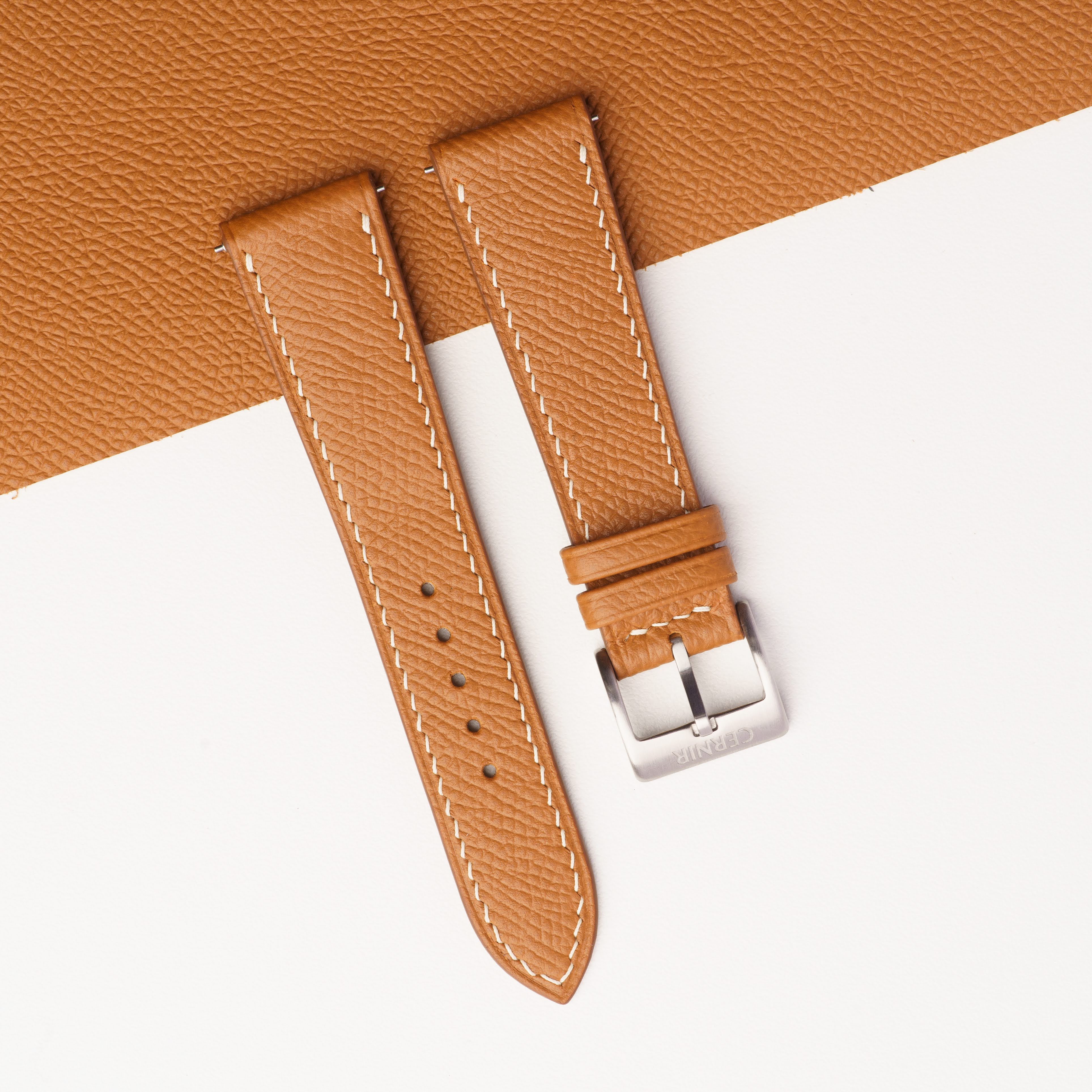 Golden Brown Epsom Leather Watch Strap - Slim - Cream Stitch