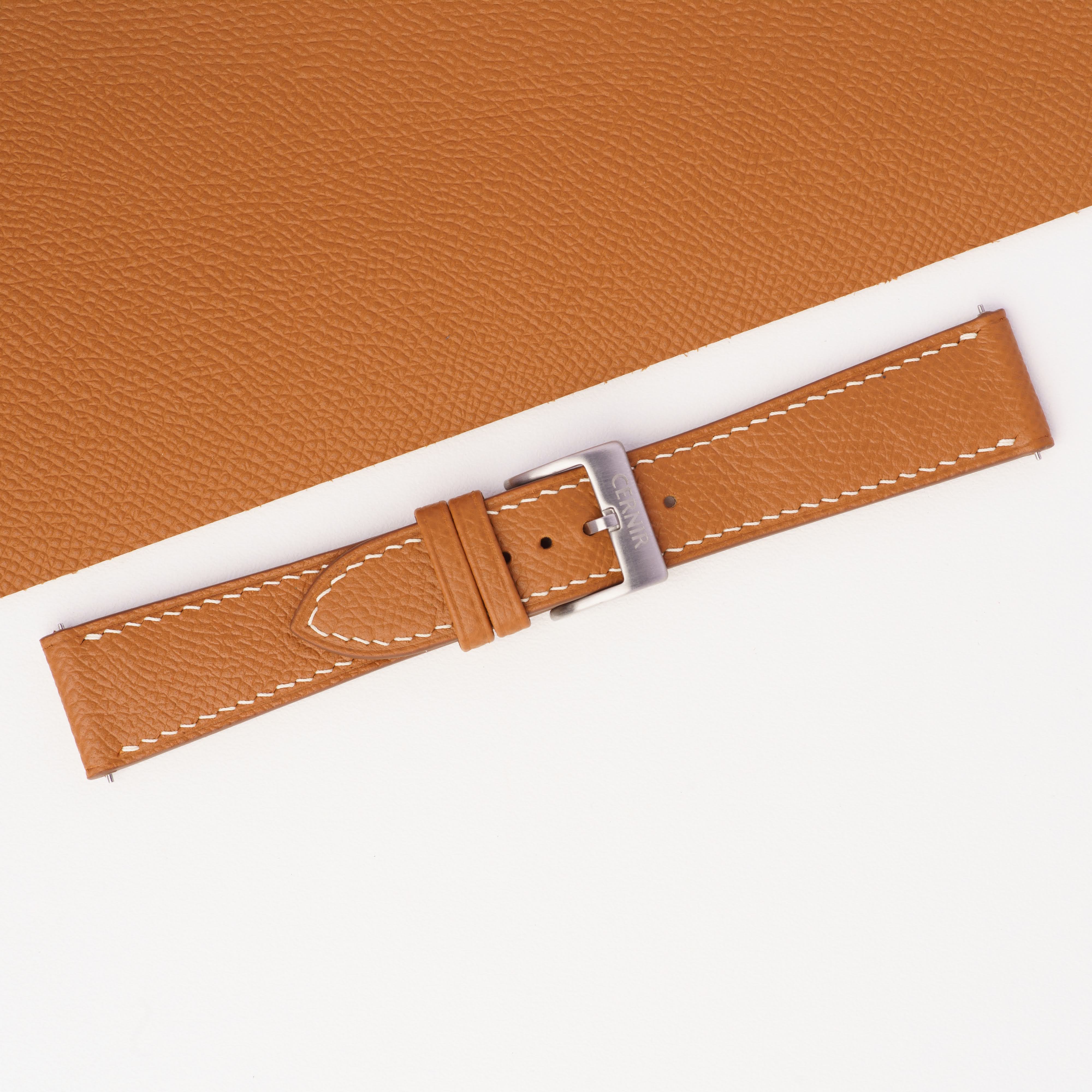 Golden Brown Epsom Leather Watch Strap - Slim - Cream Stitch