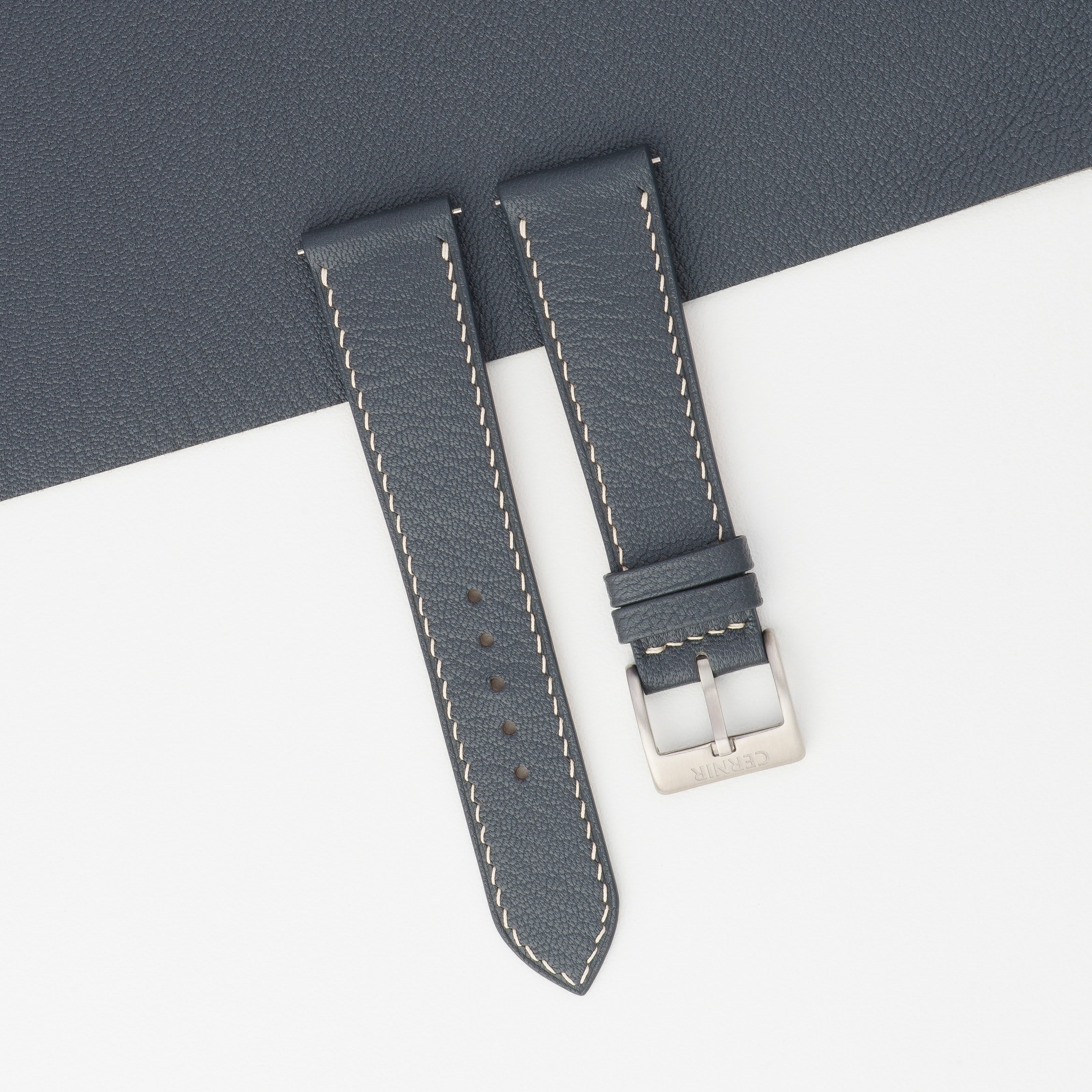 Grey Alran Chevre Sully Leather Slim Watch Strap - Cream Stitch