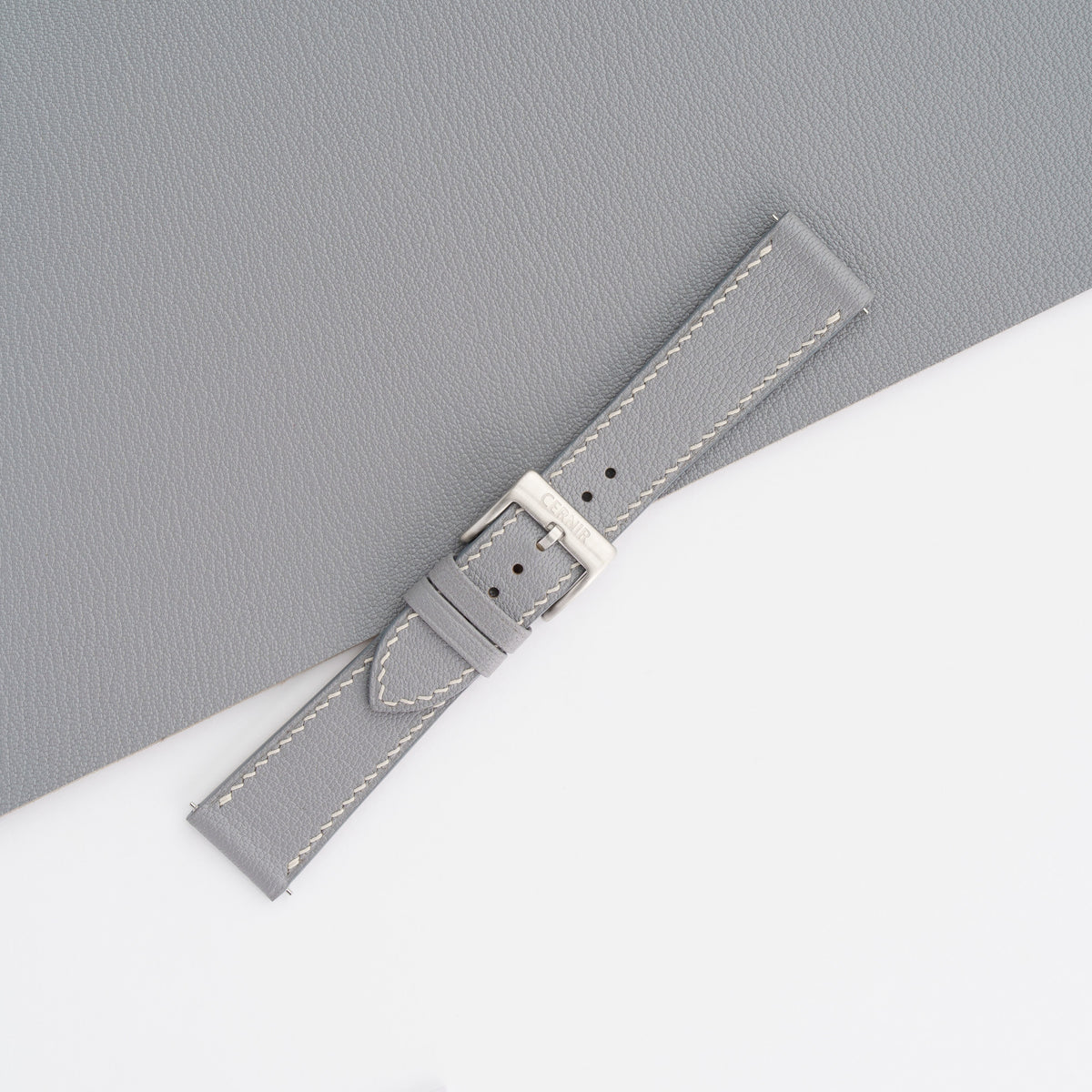 Light Grey Alran Chevre Sully slim watch strap buckled, showing the fine goatskin grain