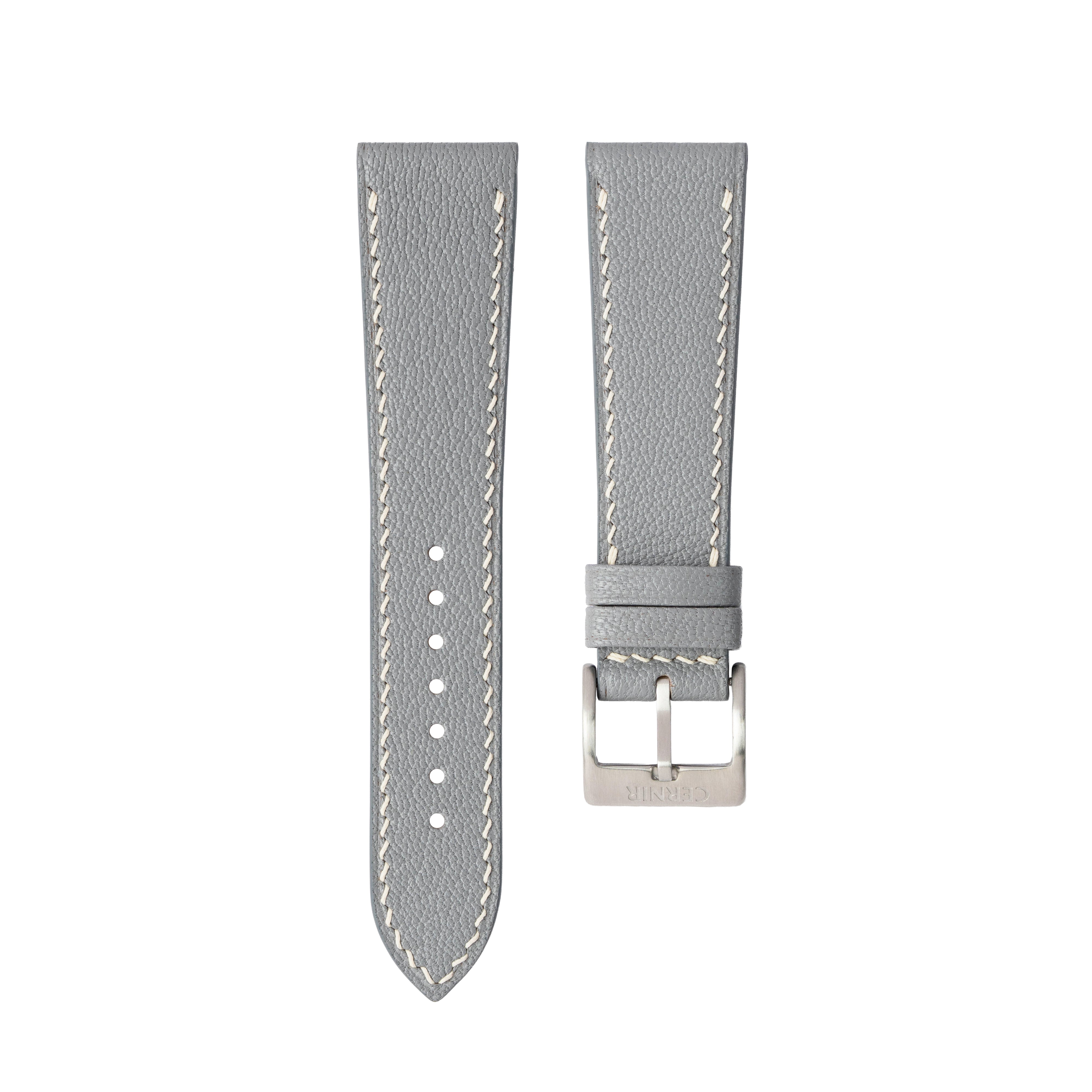 Light Grey Alran Chevre Sully Leather Slim Watch Strap - Cream Stitch