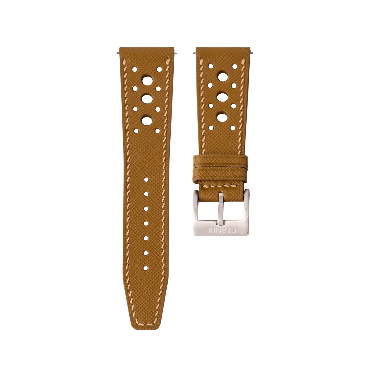 Mustard Yellow Saffiano Hybrid Rally Pilot watch strap with matching stitching and a steel buckle