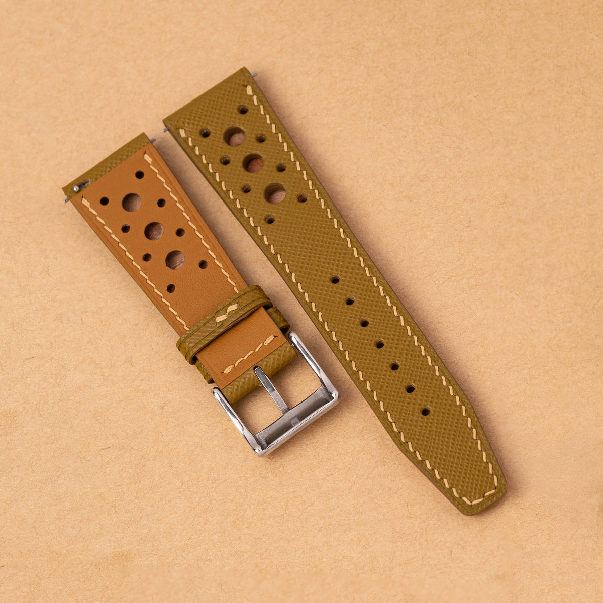 Tan leather lining on the back of the mustard Hybrid Rally Pilot strap