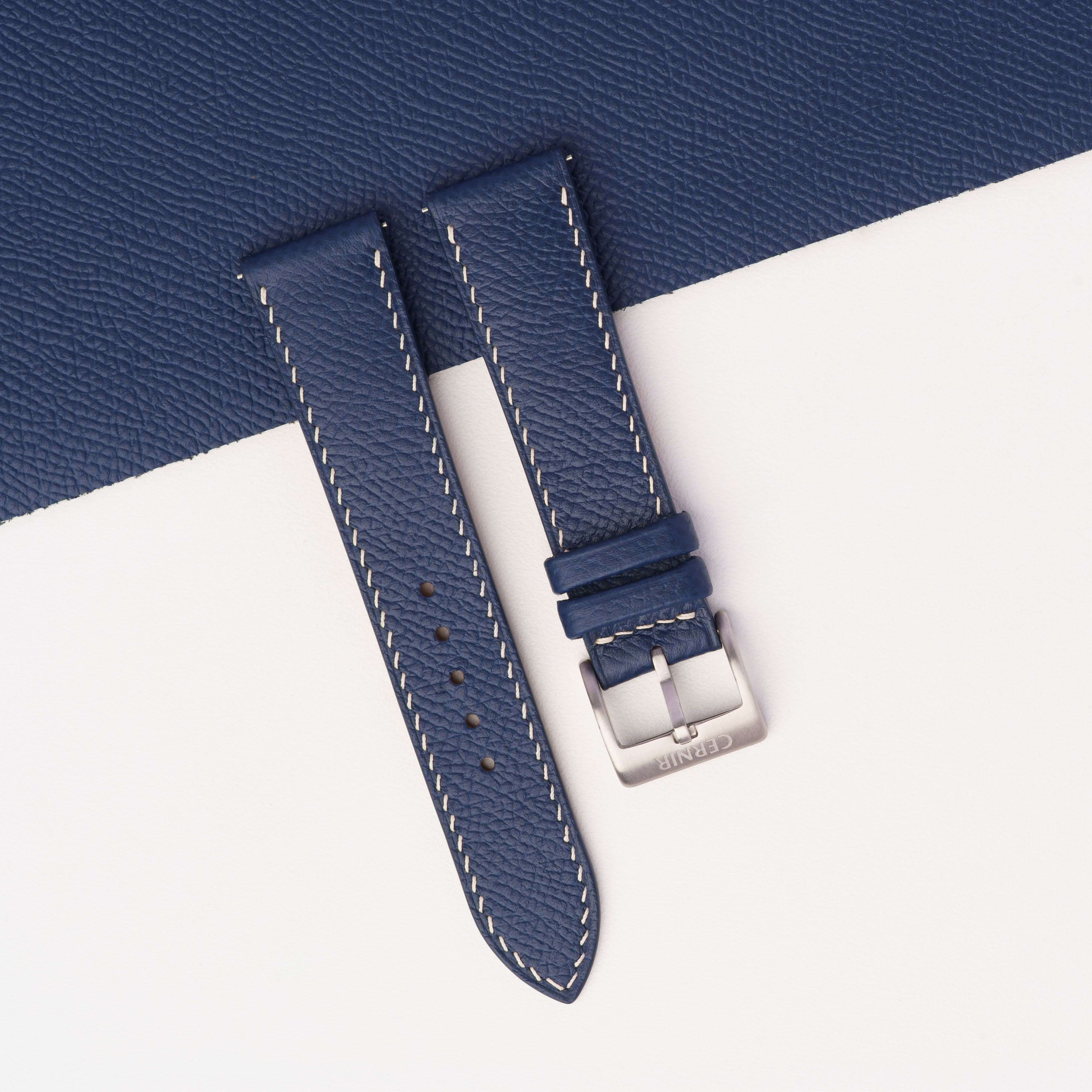 Navy Epsom Leather Watch Strap - Slim - Cream Stitch