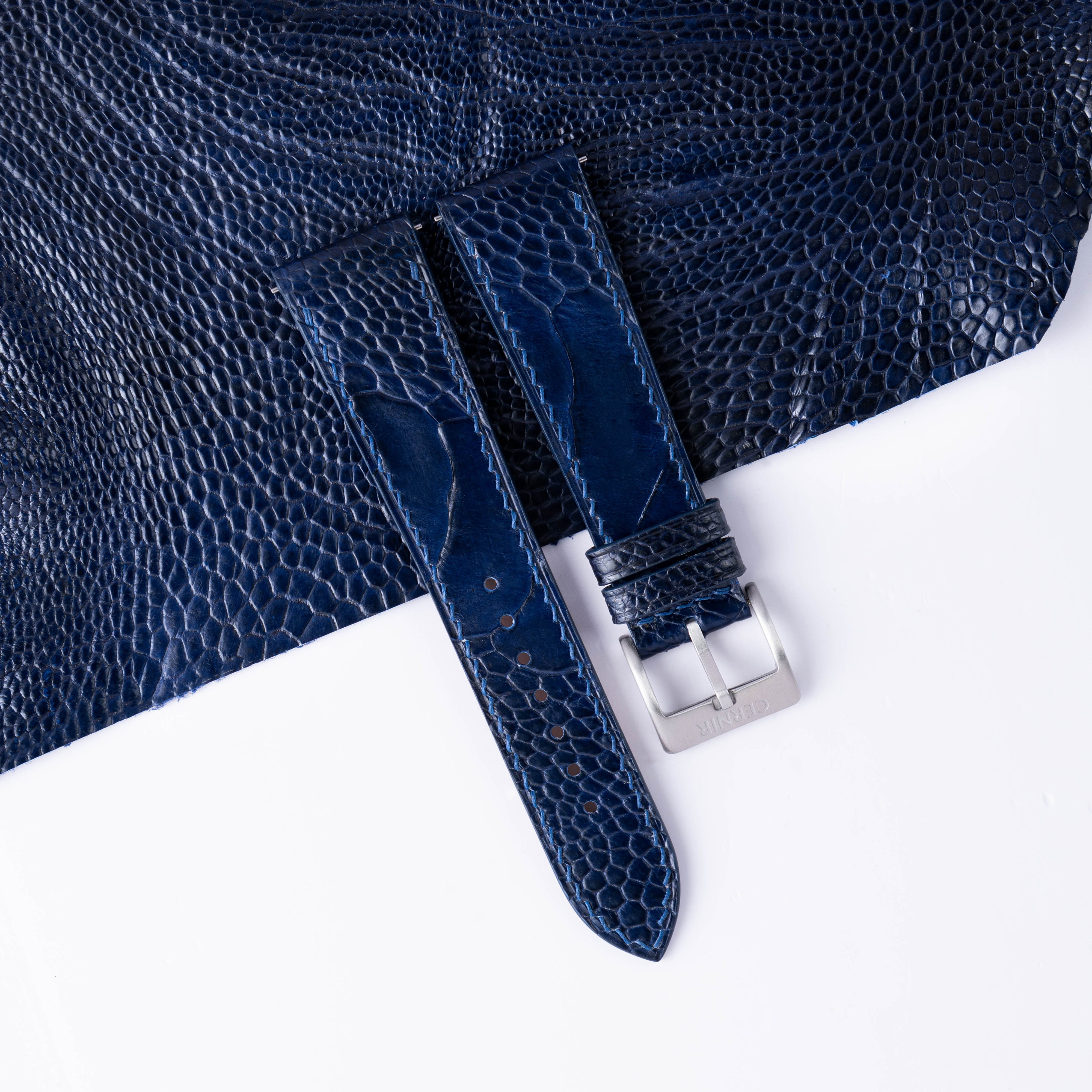 Navy Ostrich Leather Slim Watch Strap