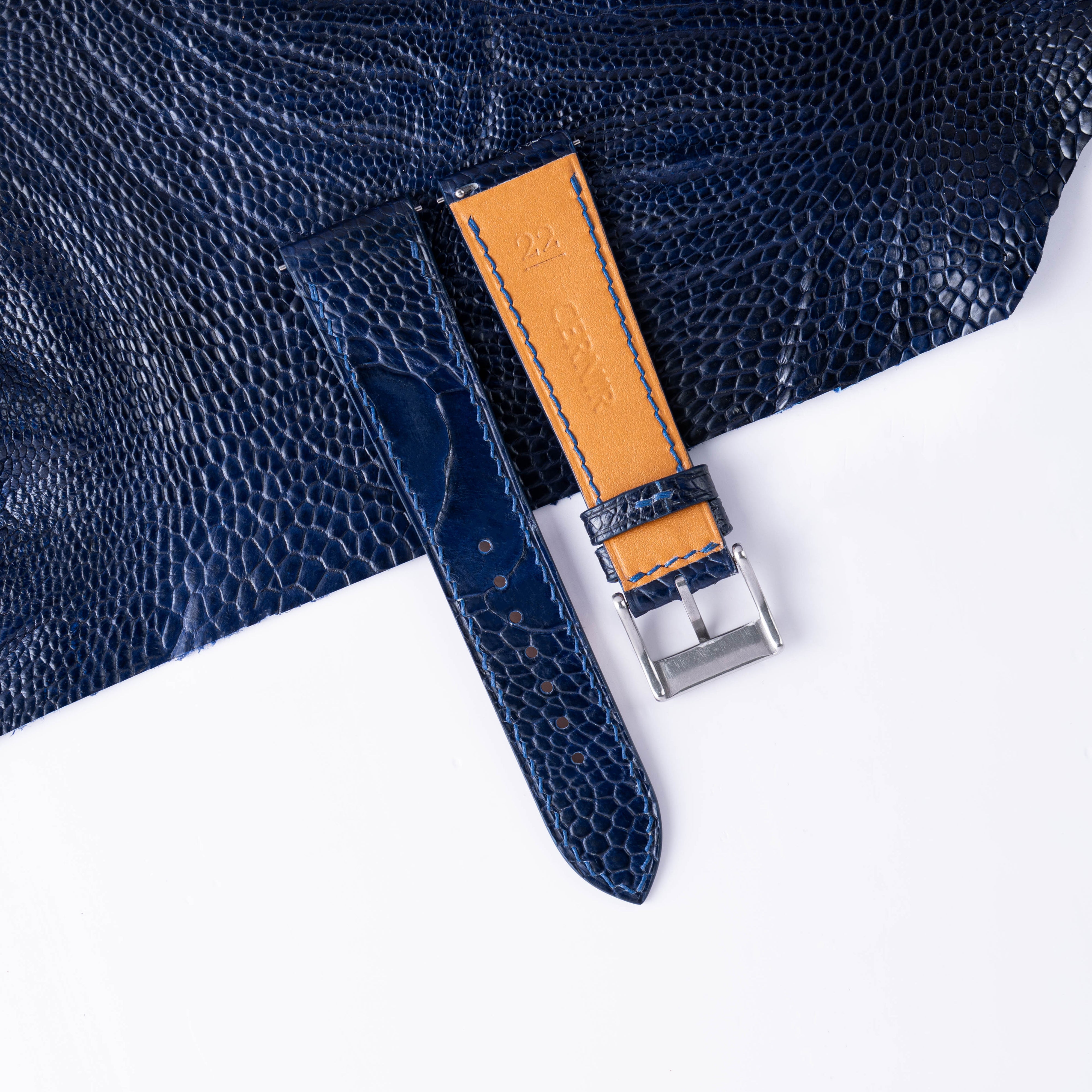 Navy Ostrich Leather Slim Watch Strap