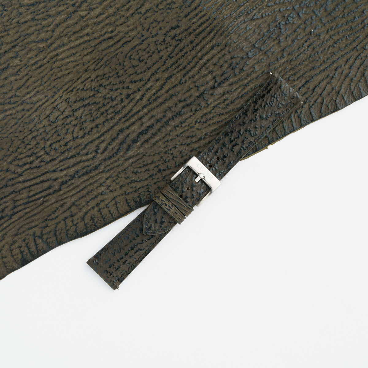 Olive brown shark padded watch strap buckled with a steel pin buckle on shark leather