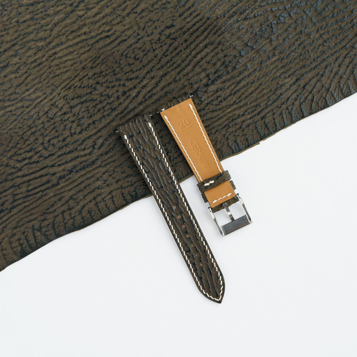 Tan Zermatt leather lining on the back of the olive brown shark slim watch strap