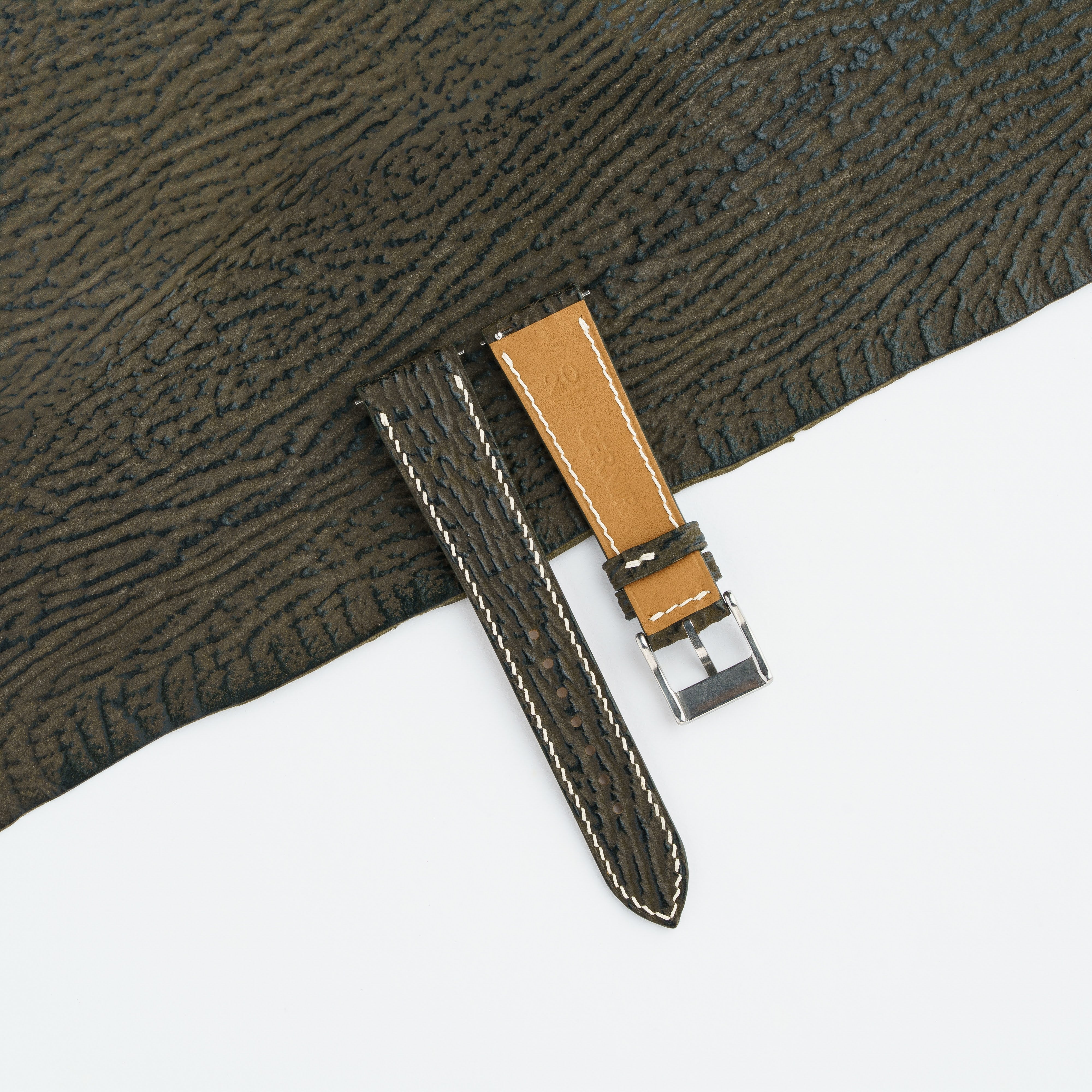 Olive Brown Shark Leather Slim Watch Strap