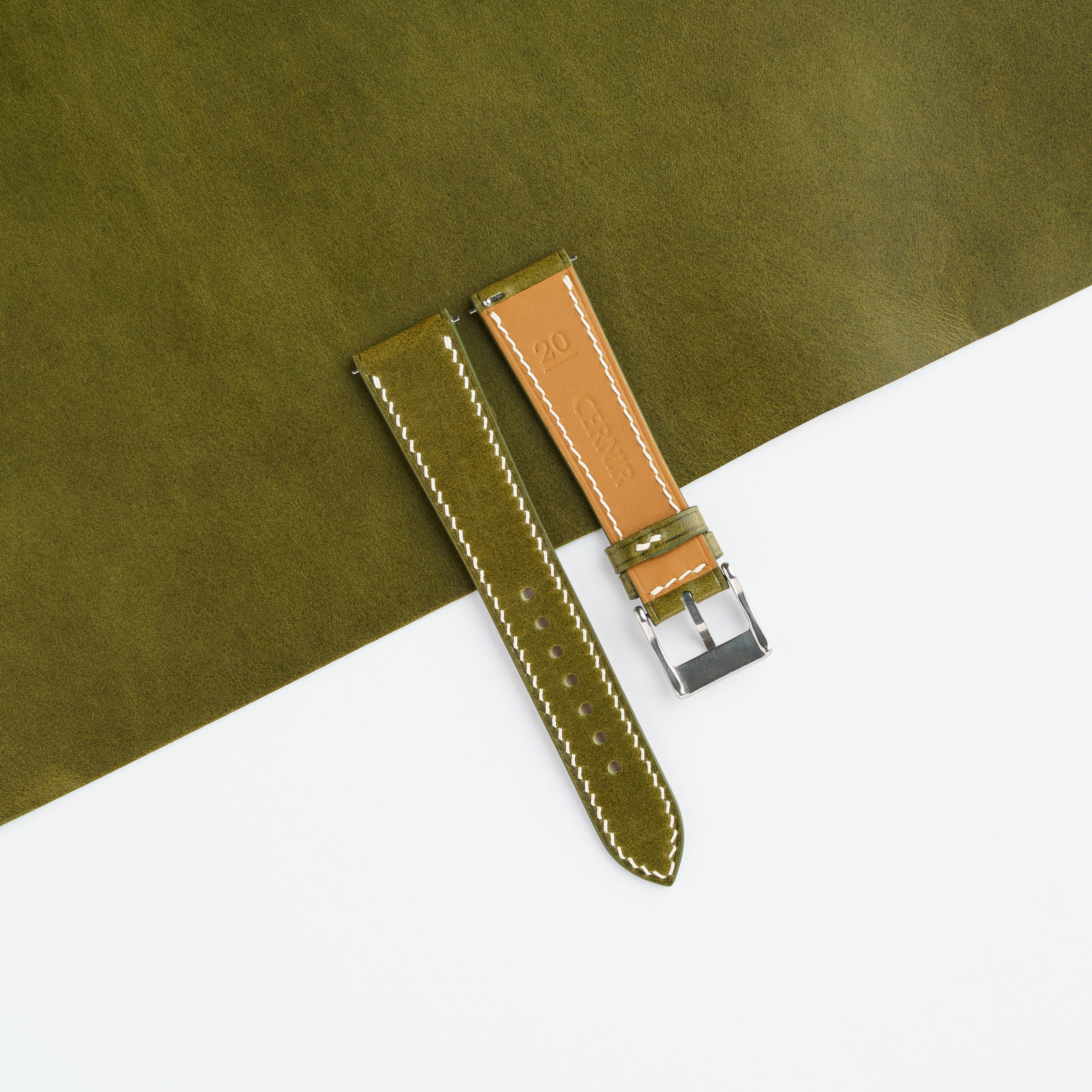 Olive Green Buttero Leather Slim Watch Strap