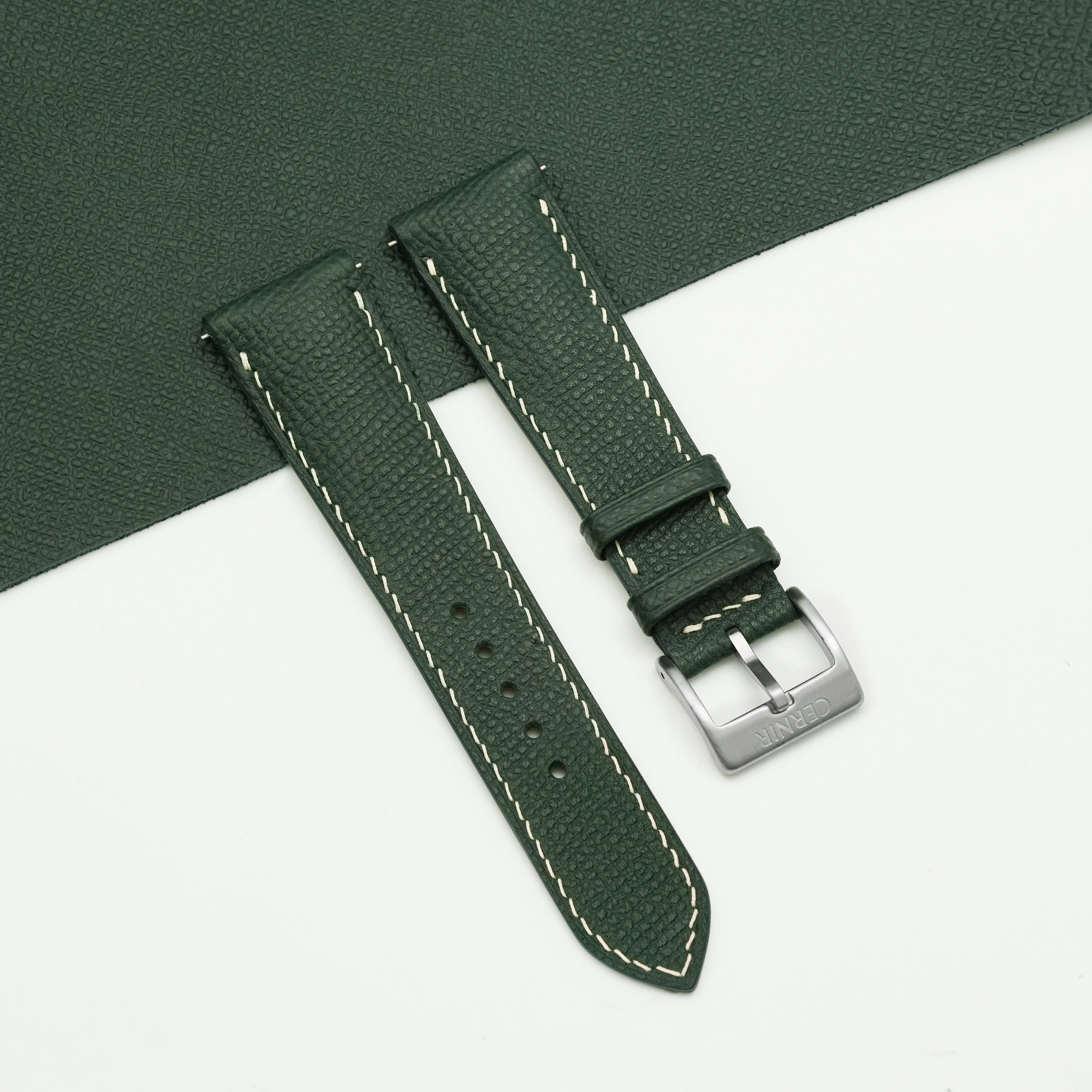 Olive Green Epsom Leather Paddle Watch Strap - Cream Stitch