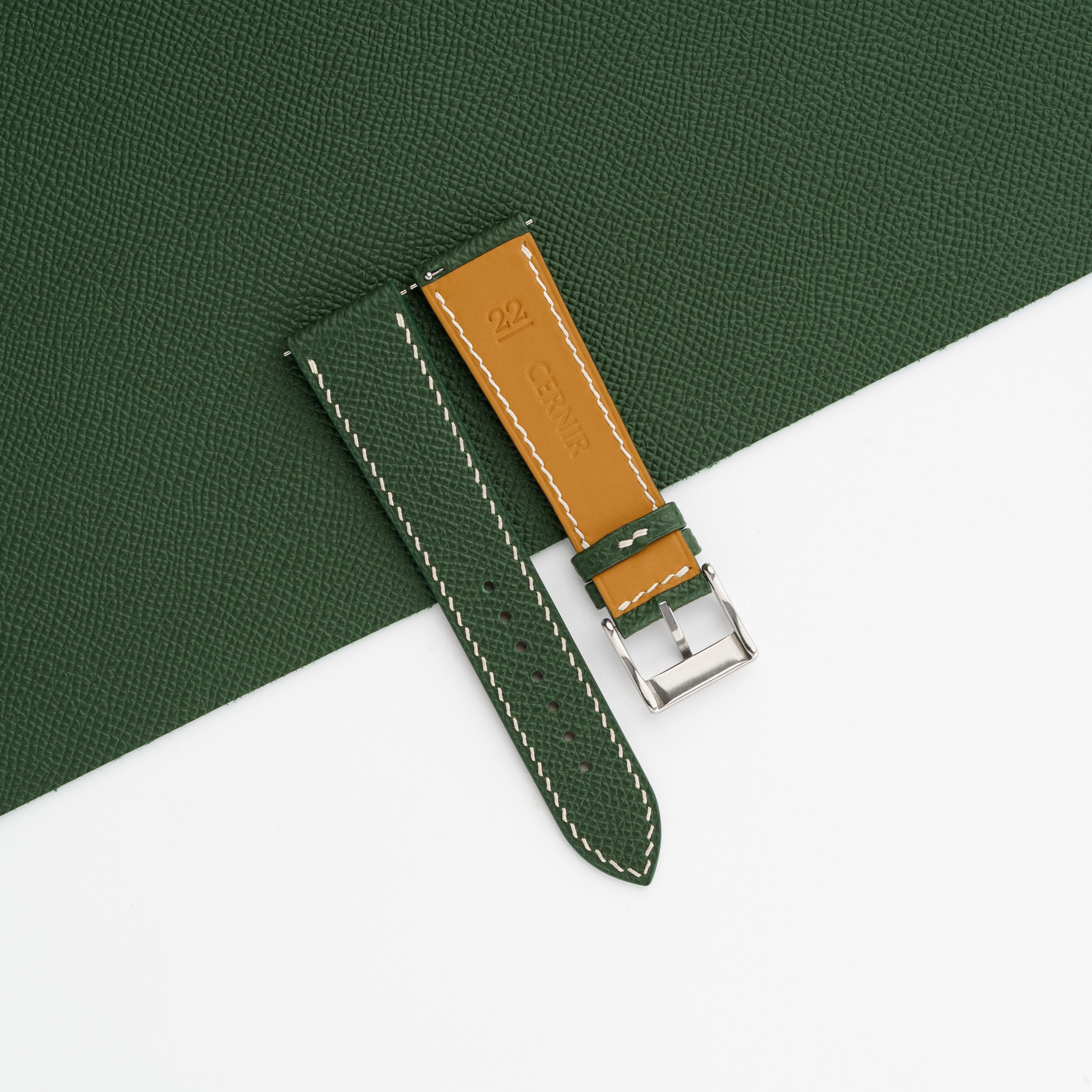 Olive Green Epsom Leather Watch Strap - Slim - Cream Stitch
