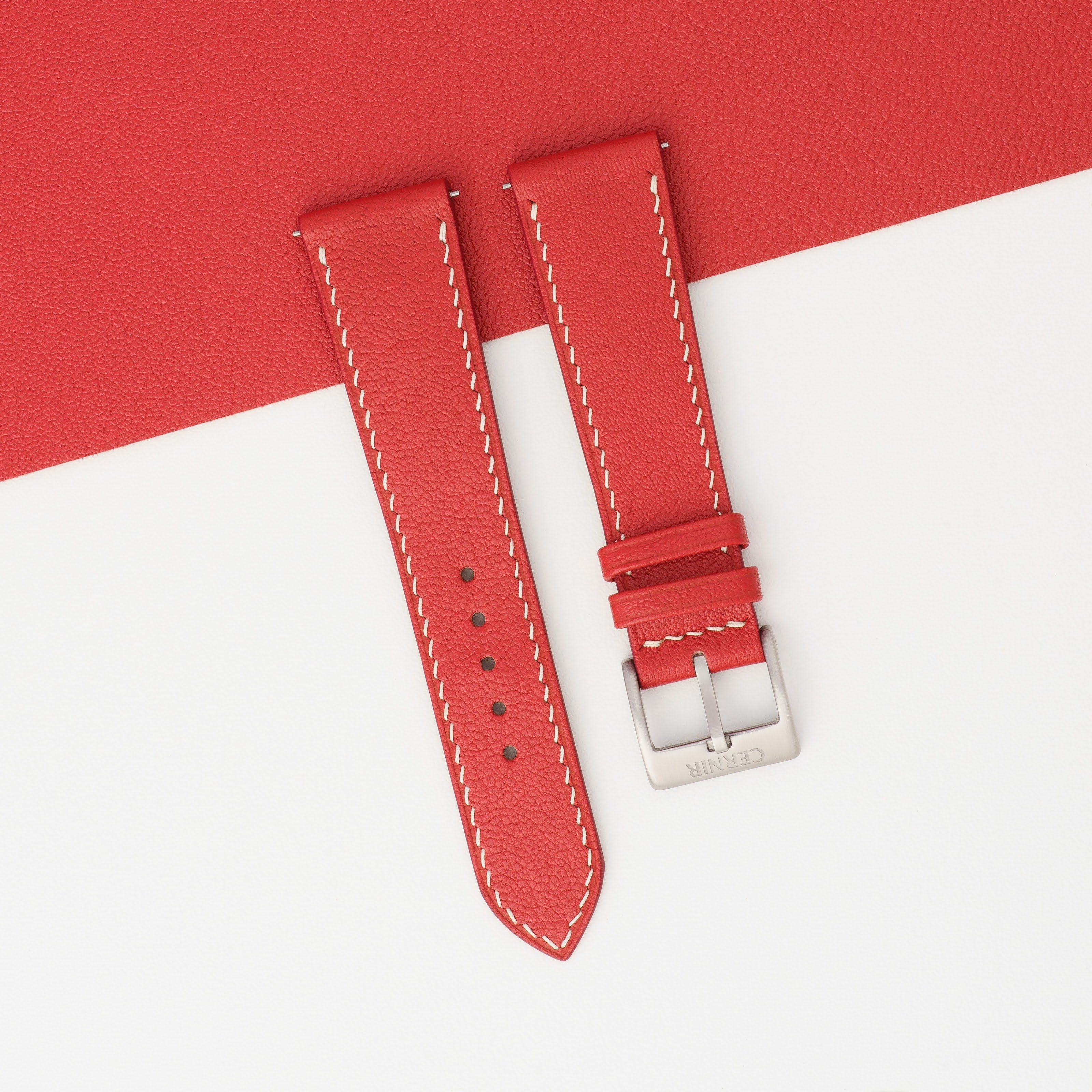 Red Alran Chevre Sully Leather Slim Watch Strap - Cream Stitch
