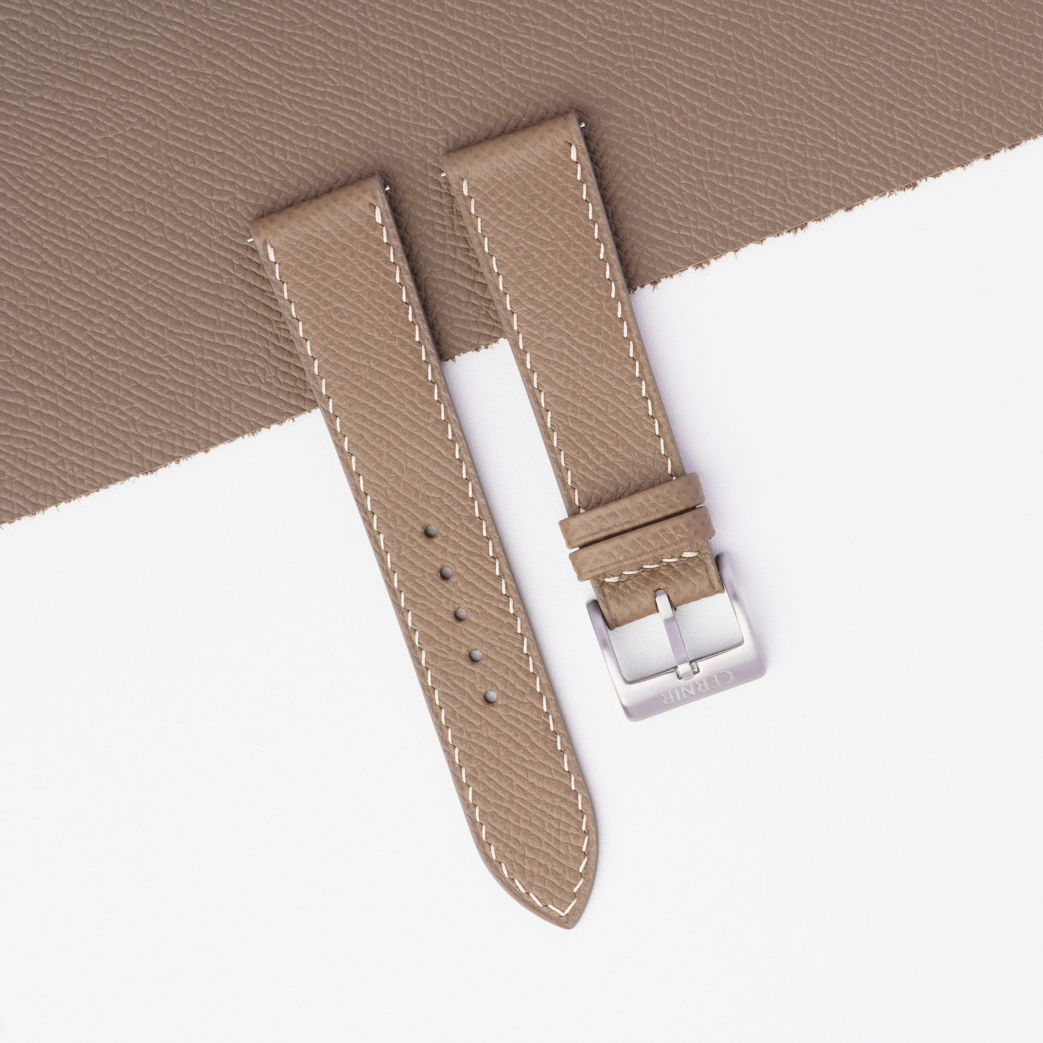 Taupe Epsom Leather Watch Strap - Slim - Cream Stitch