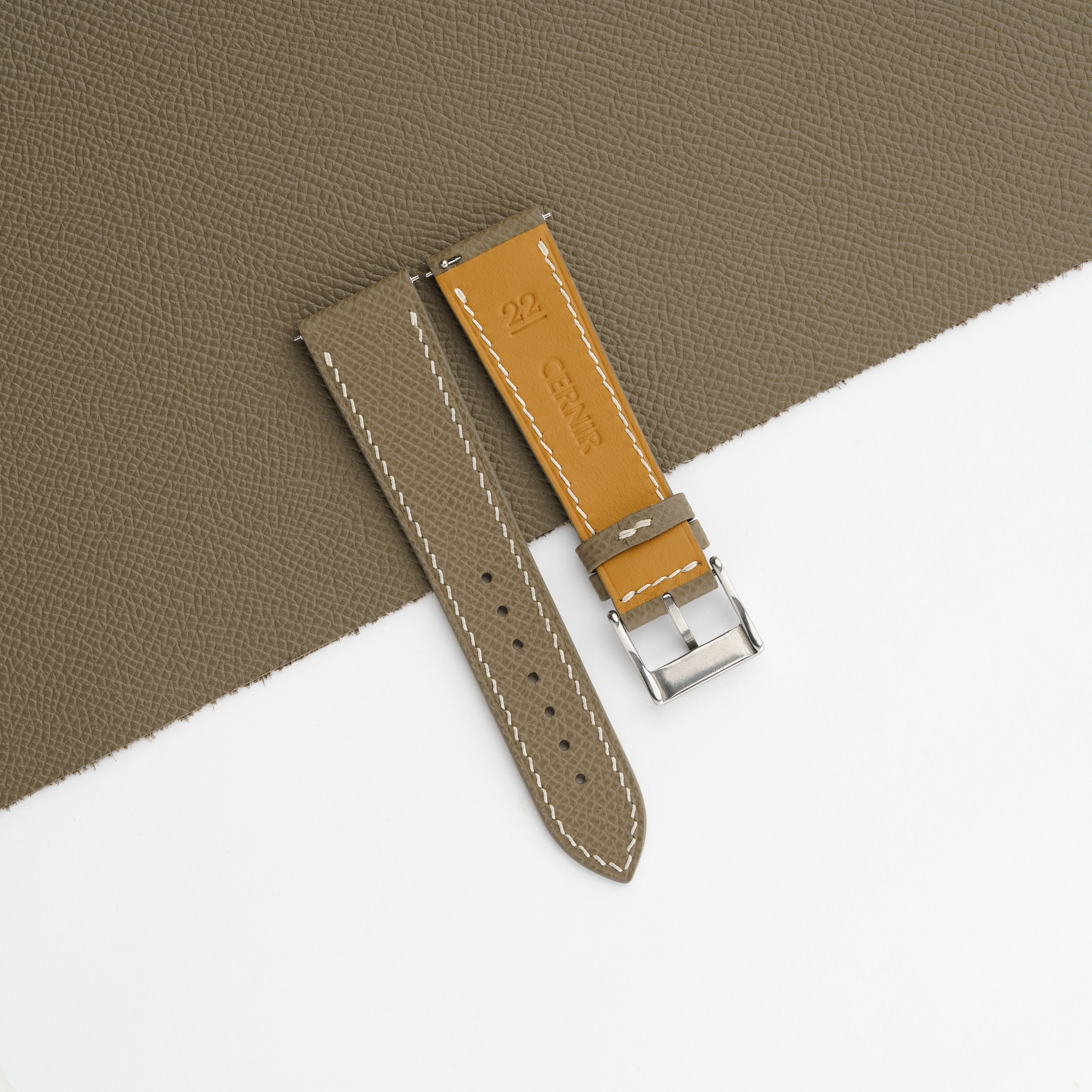 Taupe Epsom Leather Watch Strap - Slim - Cream Stitch