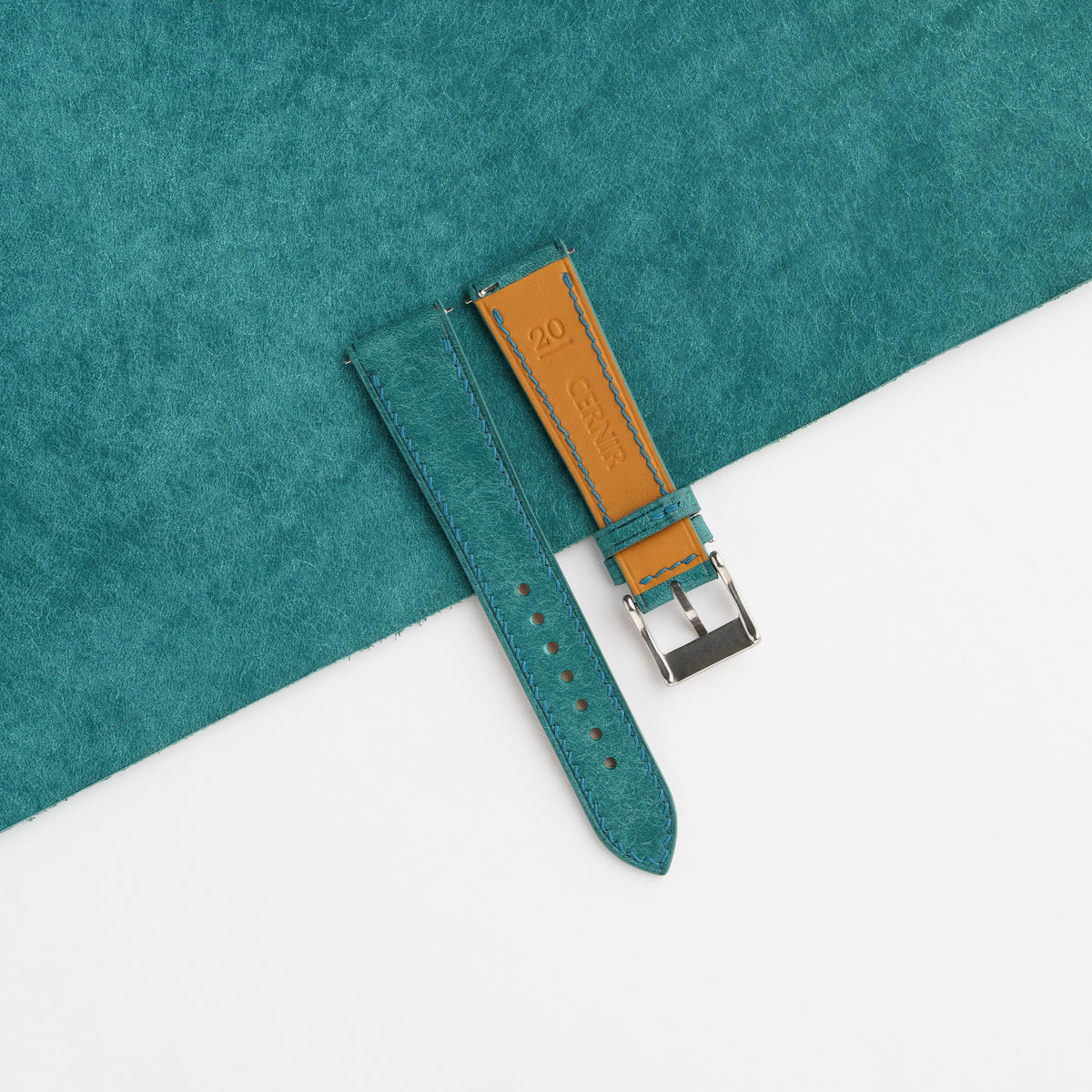 Tan Zermatt leather lining on the back of the turquoise Pueblo slim watch strap