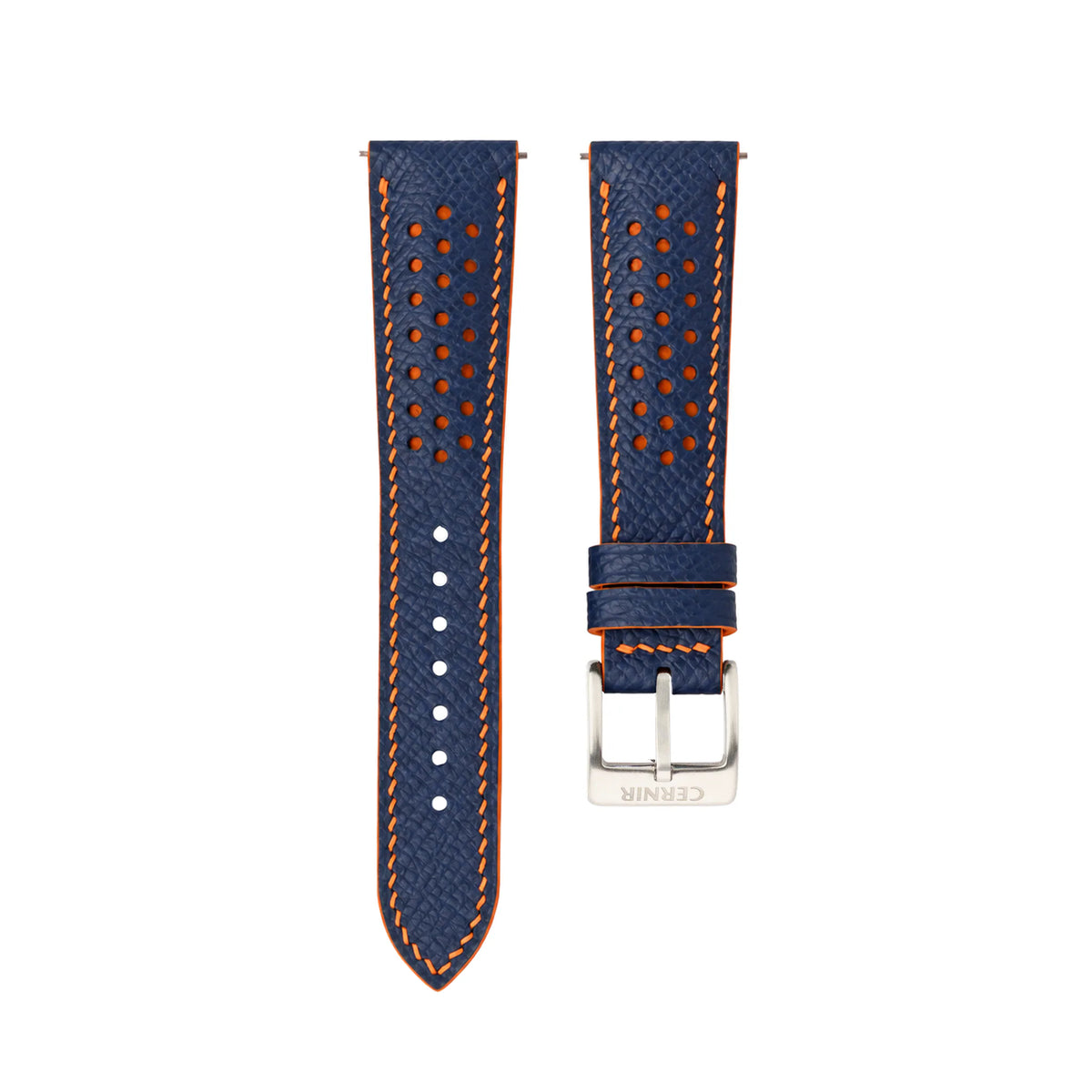 Navy Epsom leather Racing Rally watch strap with orange stitching and perforations on a white background