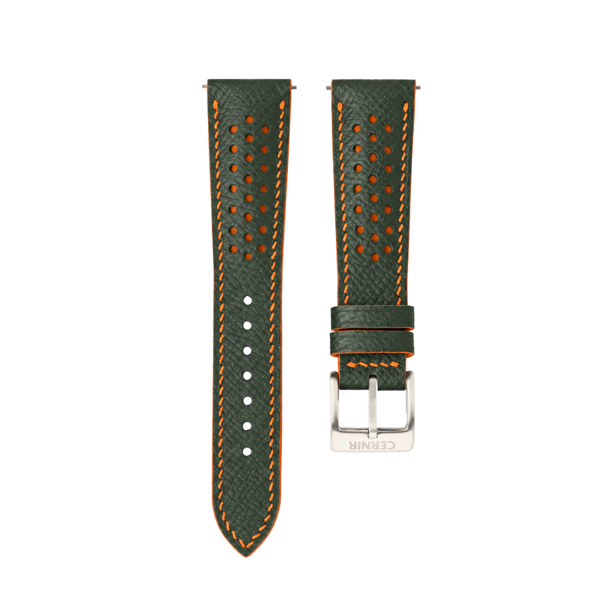 Olive Green Epsom leather Racing Rally watch strap with orange stitching and perforations on a white background