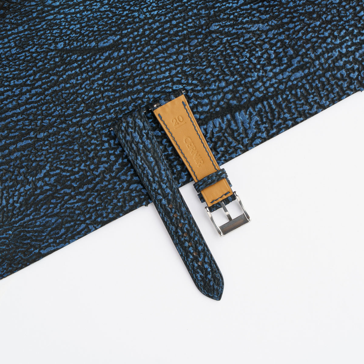 Tan Zermatt leather lining on the back of the black blue shark slim watch strap