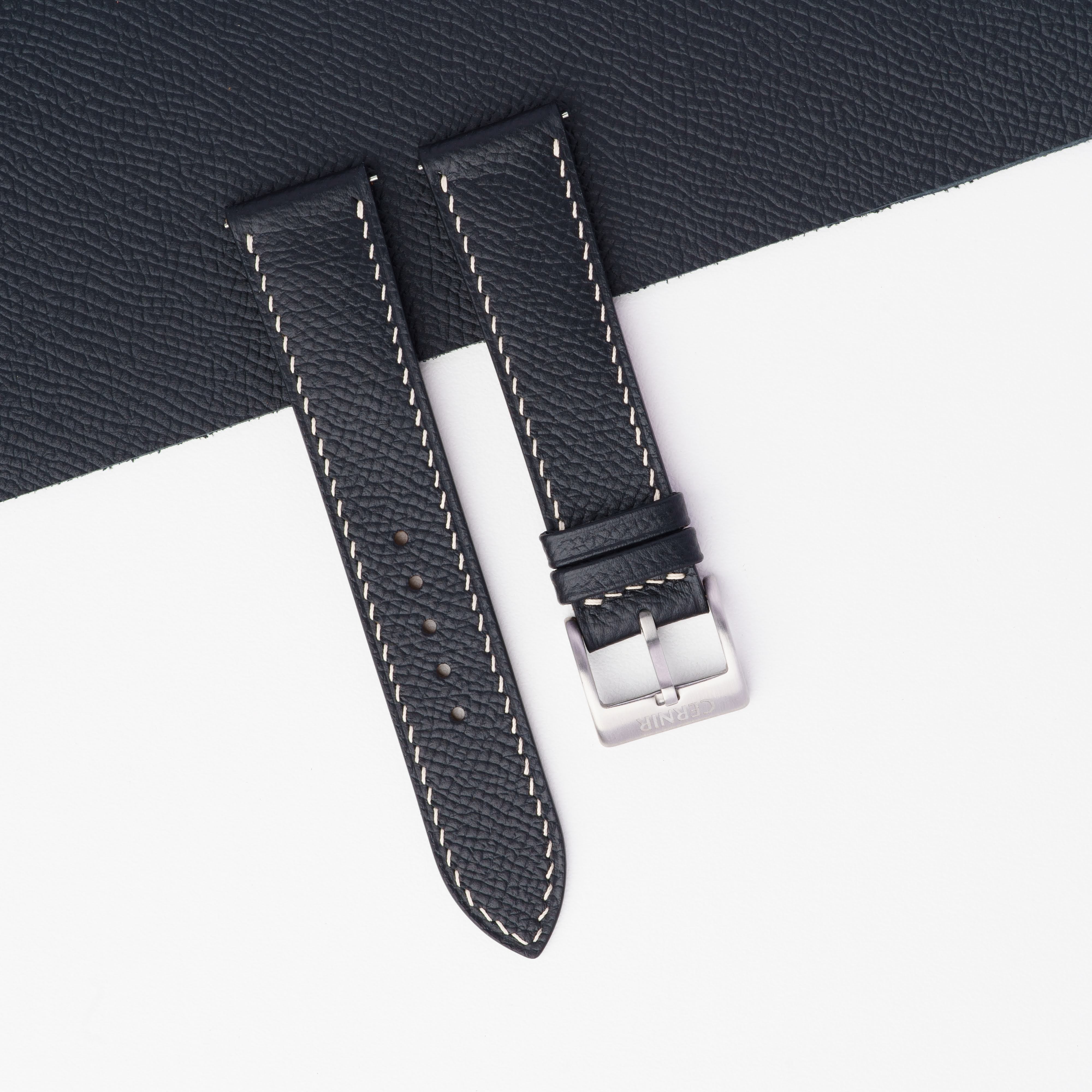 Black Epsom Leather Watch Strap - Slim - Cream Stitch