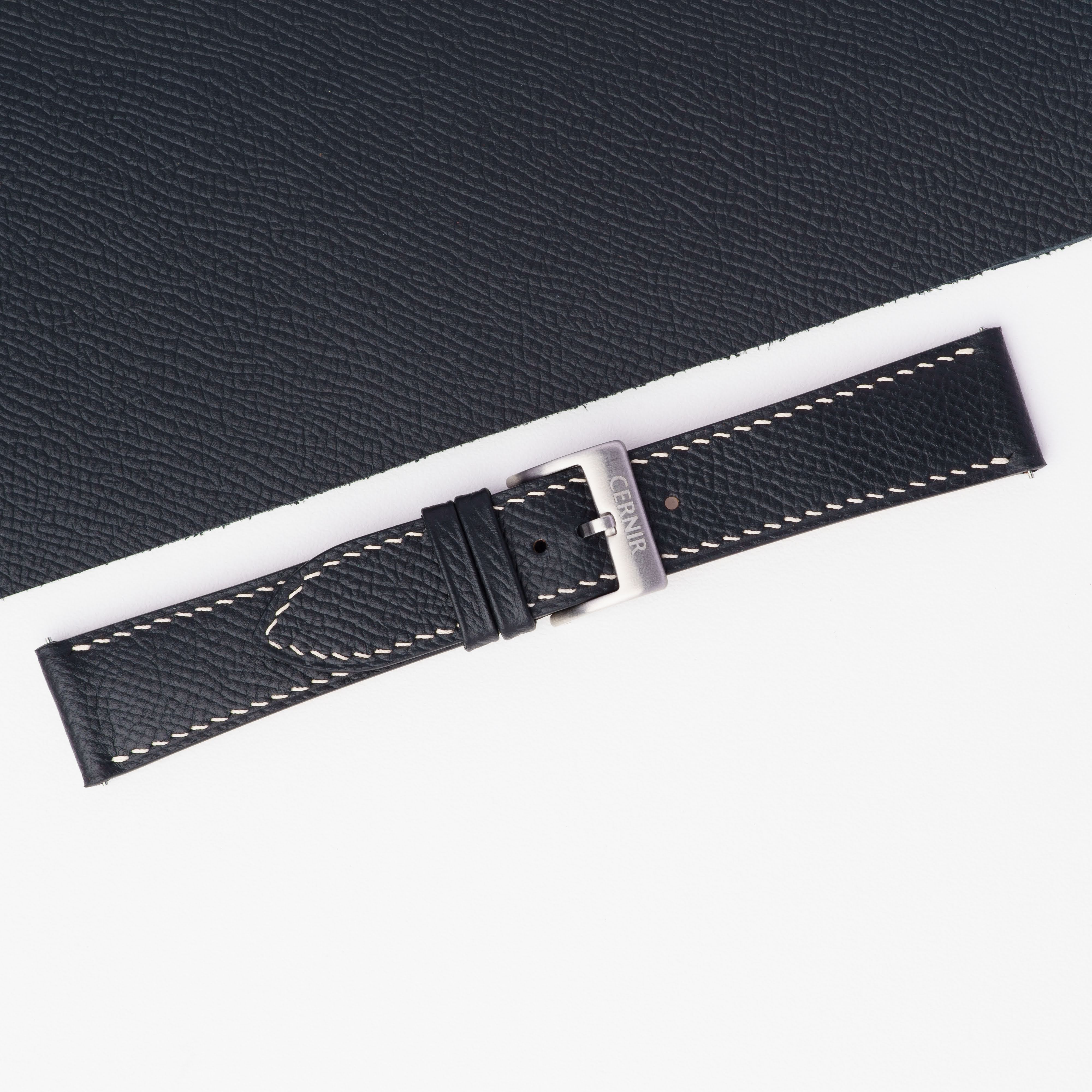 Black Epsom Leather Watch Strap - Slim - Cream Stitch
