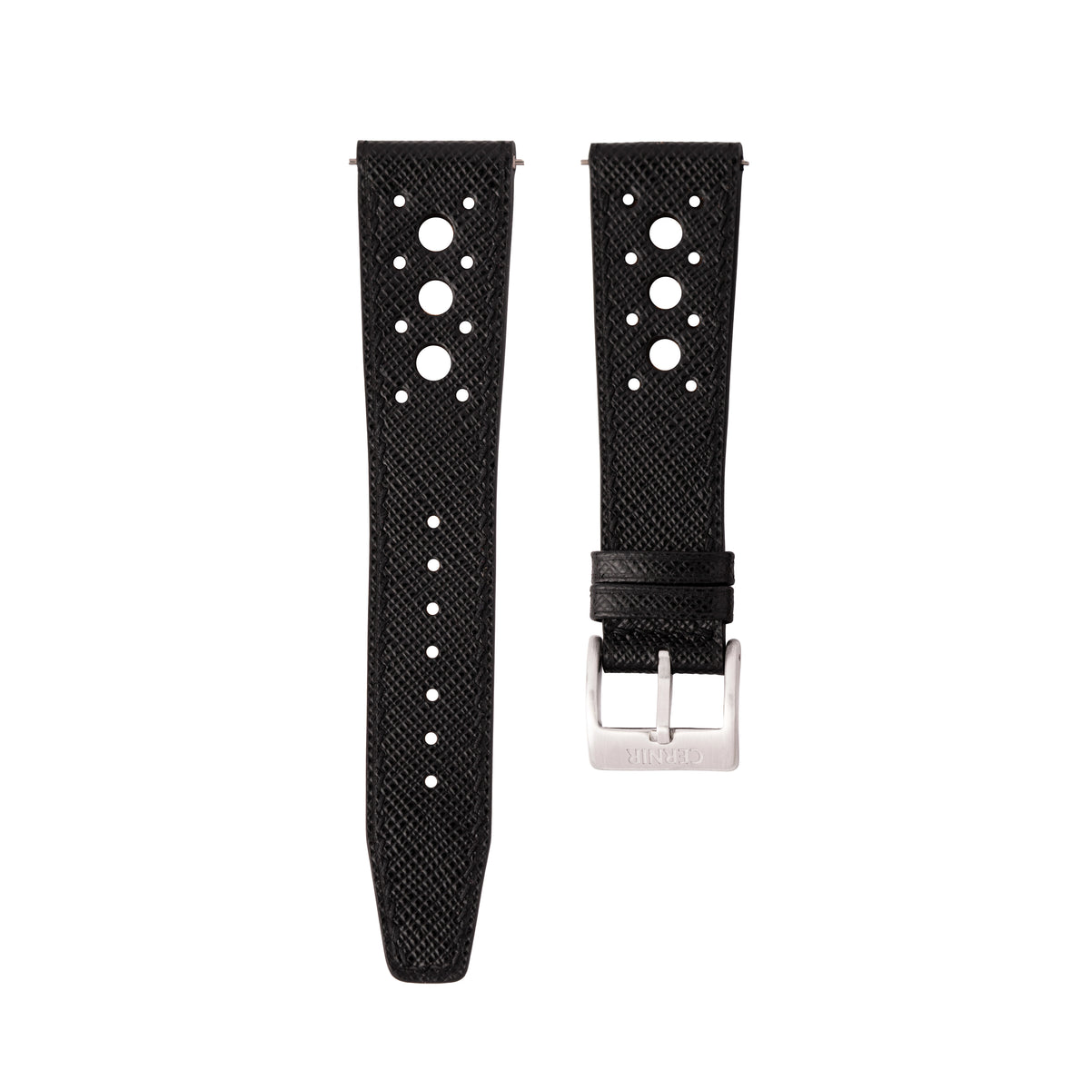 Black Saffiano Hybrid Rally Pilot watch strap with large round holes and a steel buckle