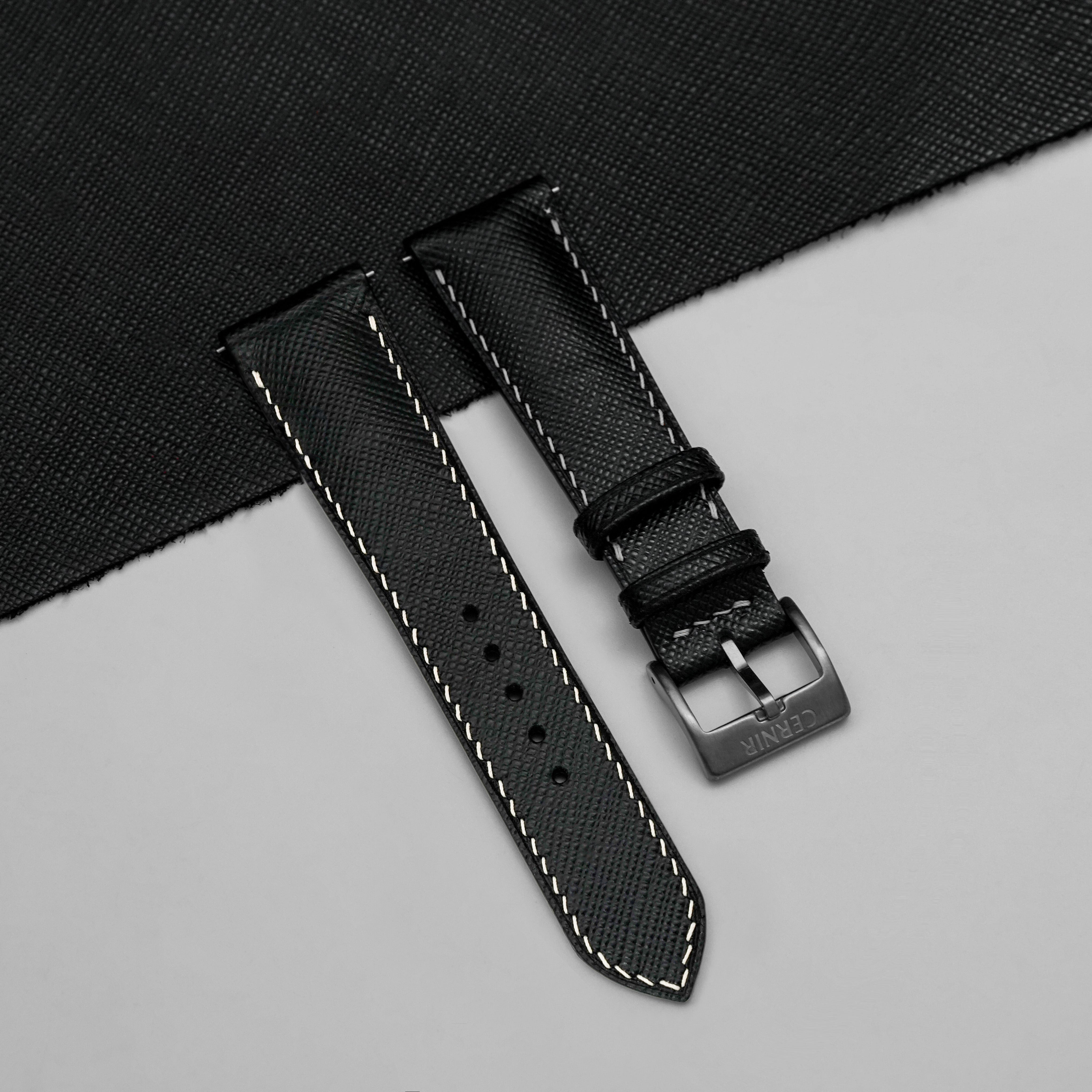 Black Saffiano Leather Watch Strap - Padded - Cream Stitch