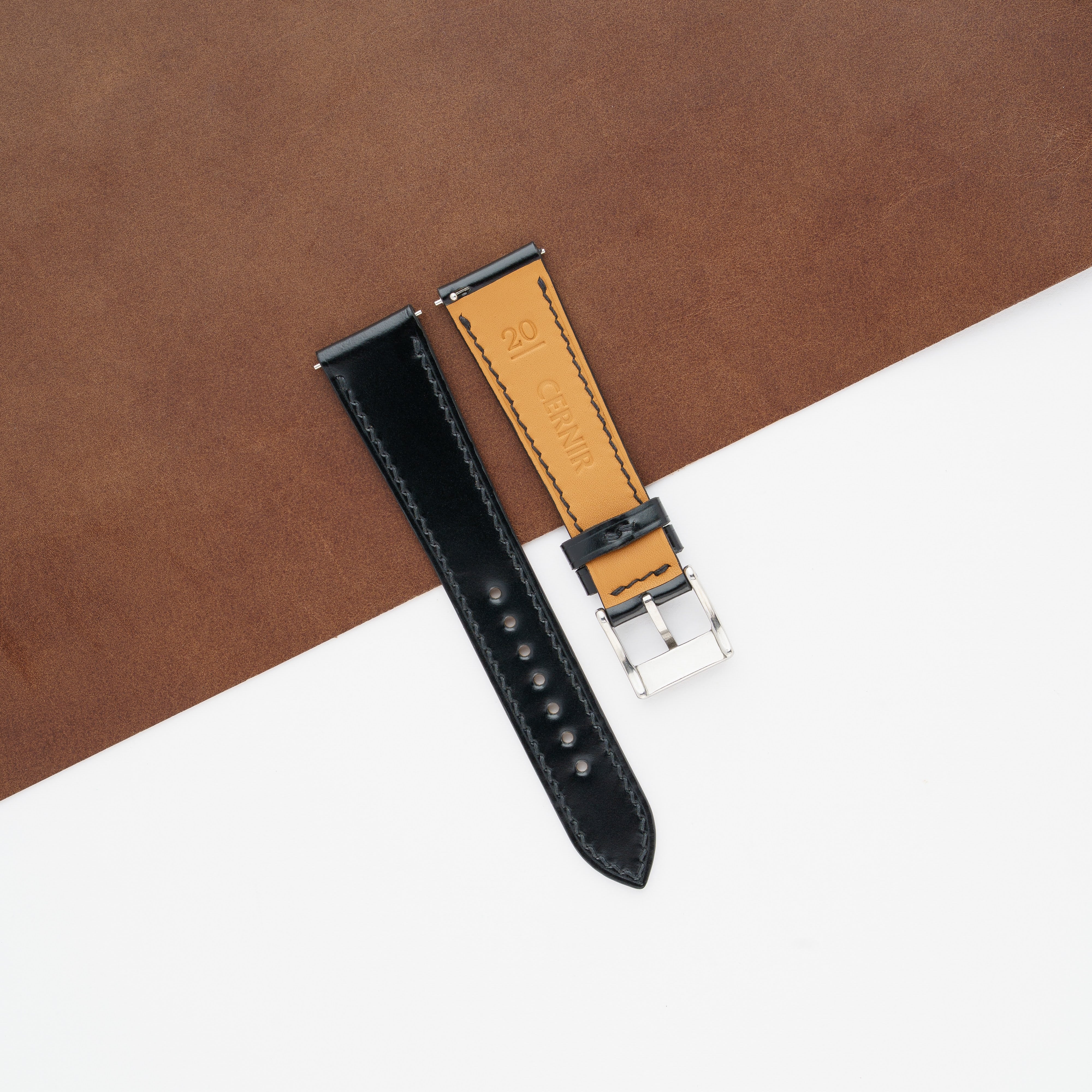 Black Shell Cordovan Leather Slim Watch Strap