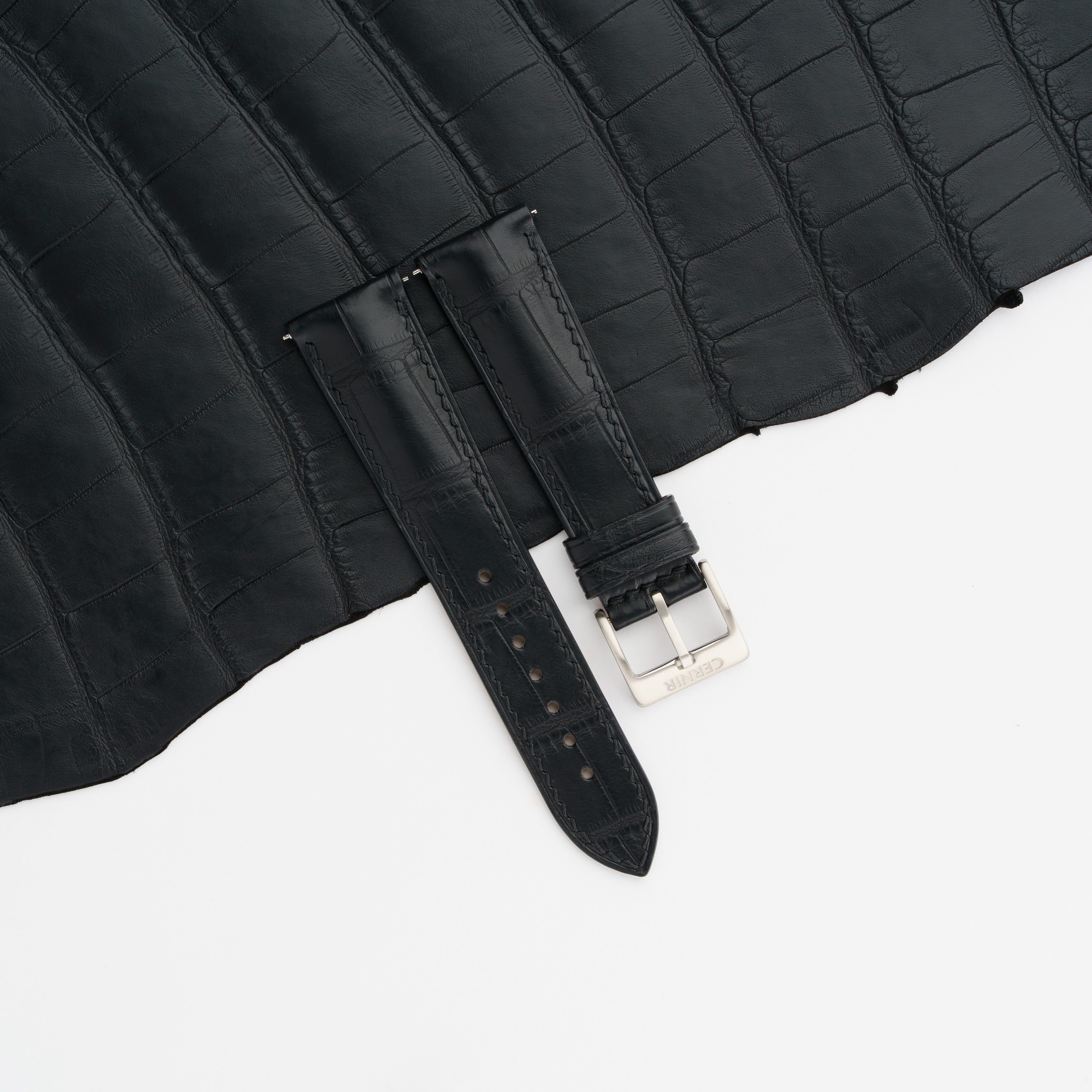 Black Alligator Leather Padded Watch Strap