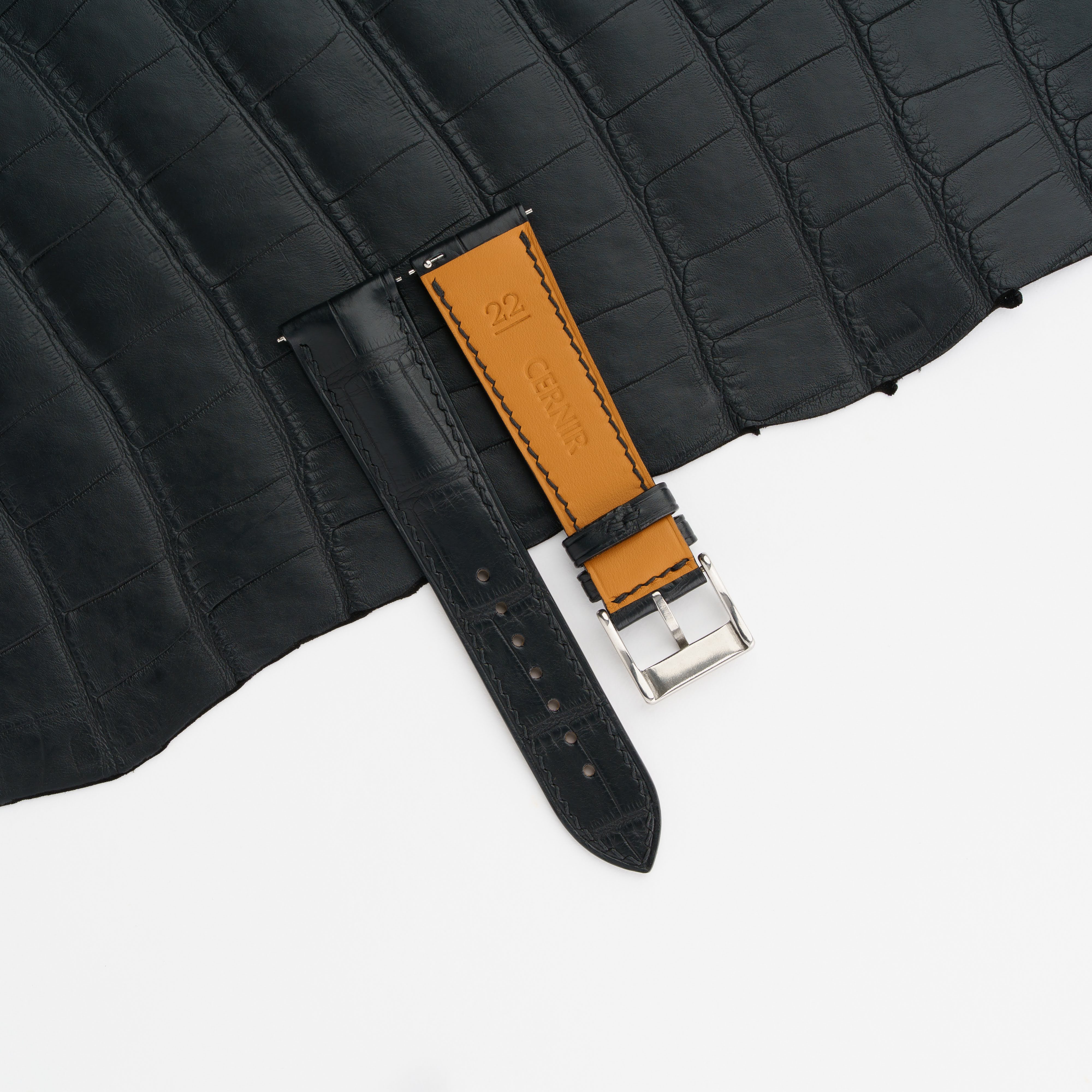 Black Alligator Leather Padded Watch Strap