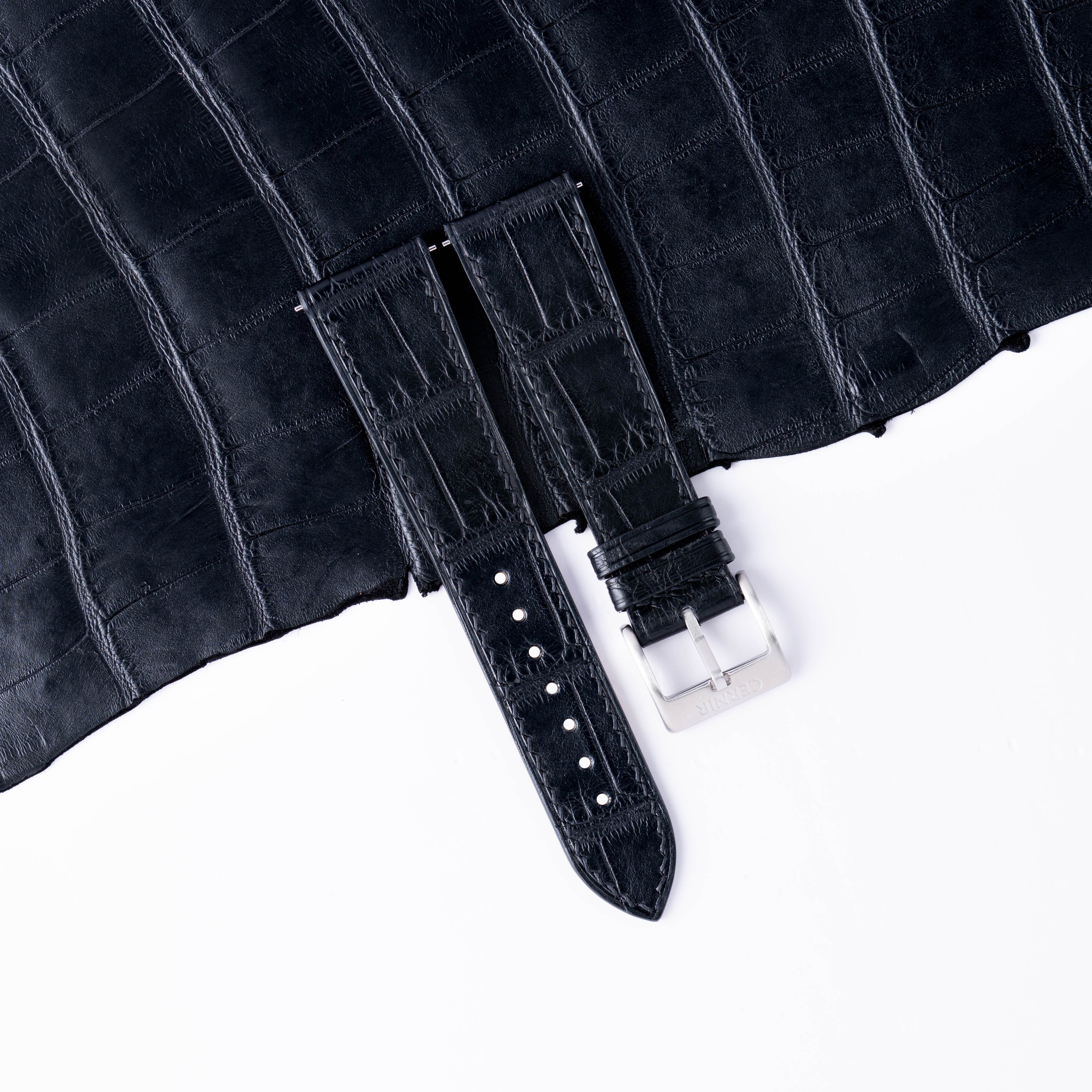 Black Alligator Leather Slim Watch Strap